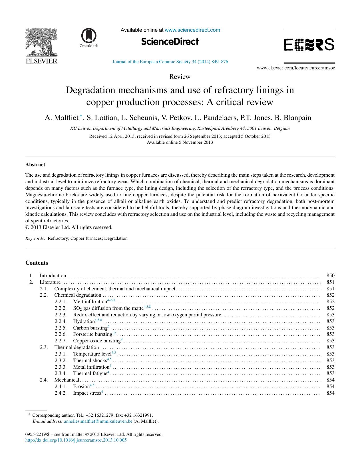 Degradation mechanisms and use of refractory linings in copper production processes: A critical review by A. Malfliet & S. Lotfian & L. Scheunis & V. Petkov & L. Pandelaers & P.T. Jones & B. Blanpain