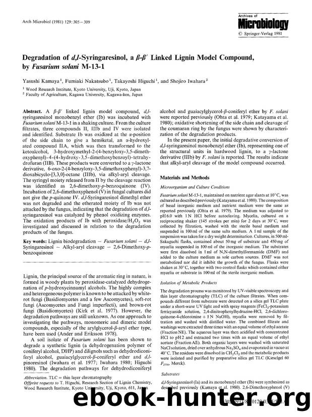 Degradation of <Emphasis Type="Italic">d,l<Emphasis>-syringaresinol, a &#x03B2;-&#x03B2;&#x2032; linked lignin model compound, by <Emphasis Type="Italic">Fusarium solani<Emphasis> M-13-1 by Unknown