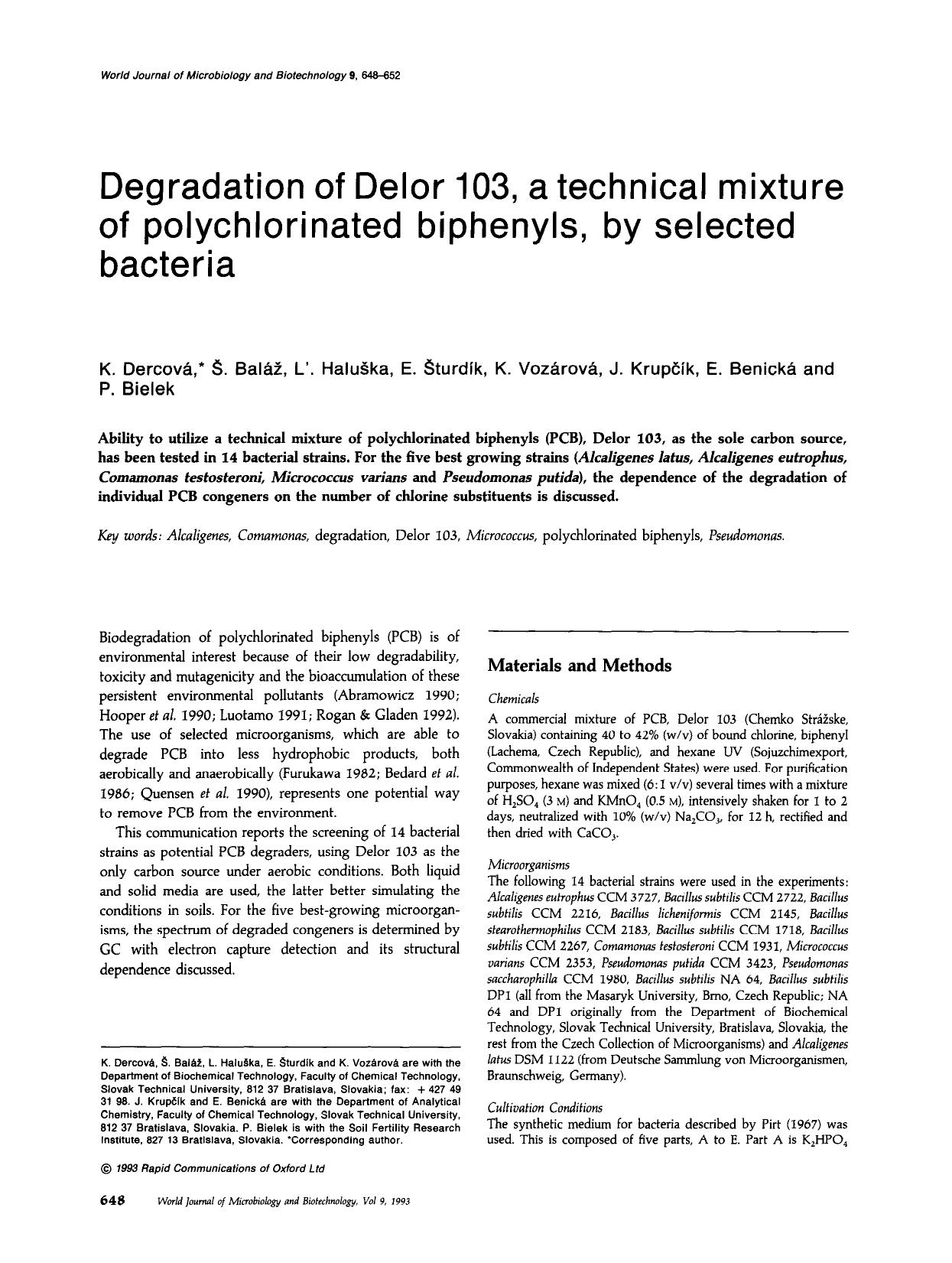 Degradation of Delor 103, a technical mixture of polychlorinated biphenyls, by selected bacteria by Unknown