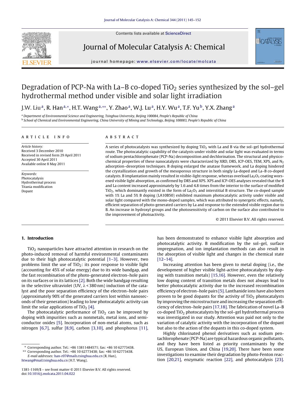 Degradation of PCP-Na with LaÃ¢â¬âB co-doped TiO2 series synthesized by the solÃ¢â¬âgel hydrothermal method under visible and solar light irradiation by J.W. Liu
