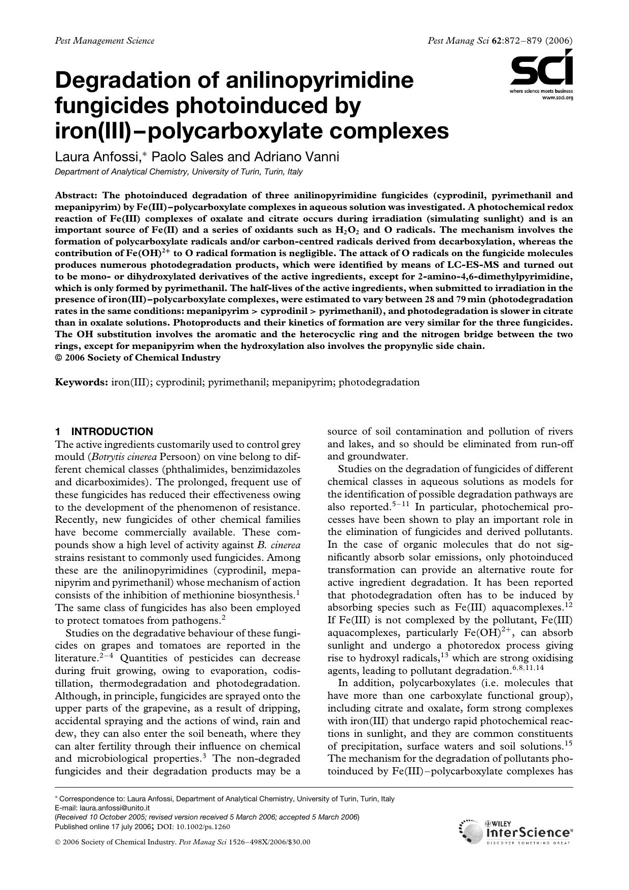 Degradation of anilinopyrimidine fungicides photoinduced by iron(III)-polycarboxylate complexes by Unknown