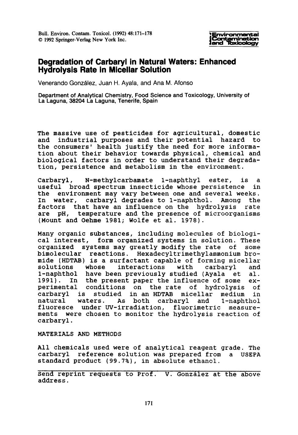 Degradation of carbaryl in natural waters: Enhanced hydrolysis rate in micellar solution by Unknown