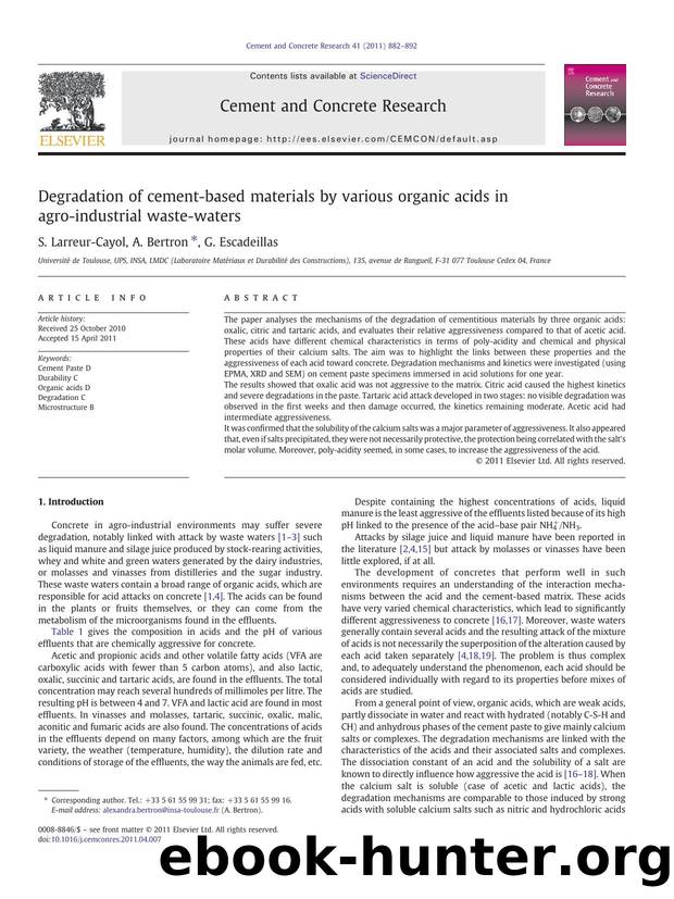 Degradation of cement-based materials by various organic acids in agro-industrial waste-waters by S. Larreur-Cayol & A. Bertron & G. Escadeillas