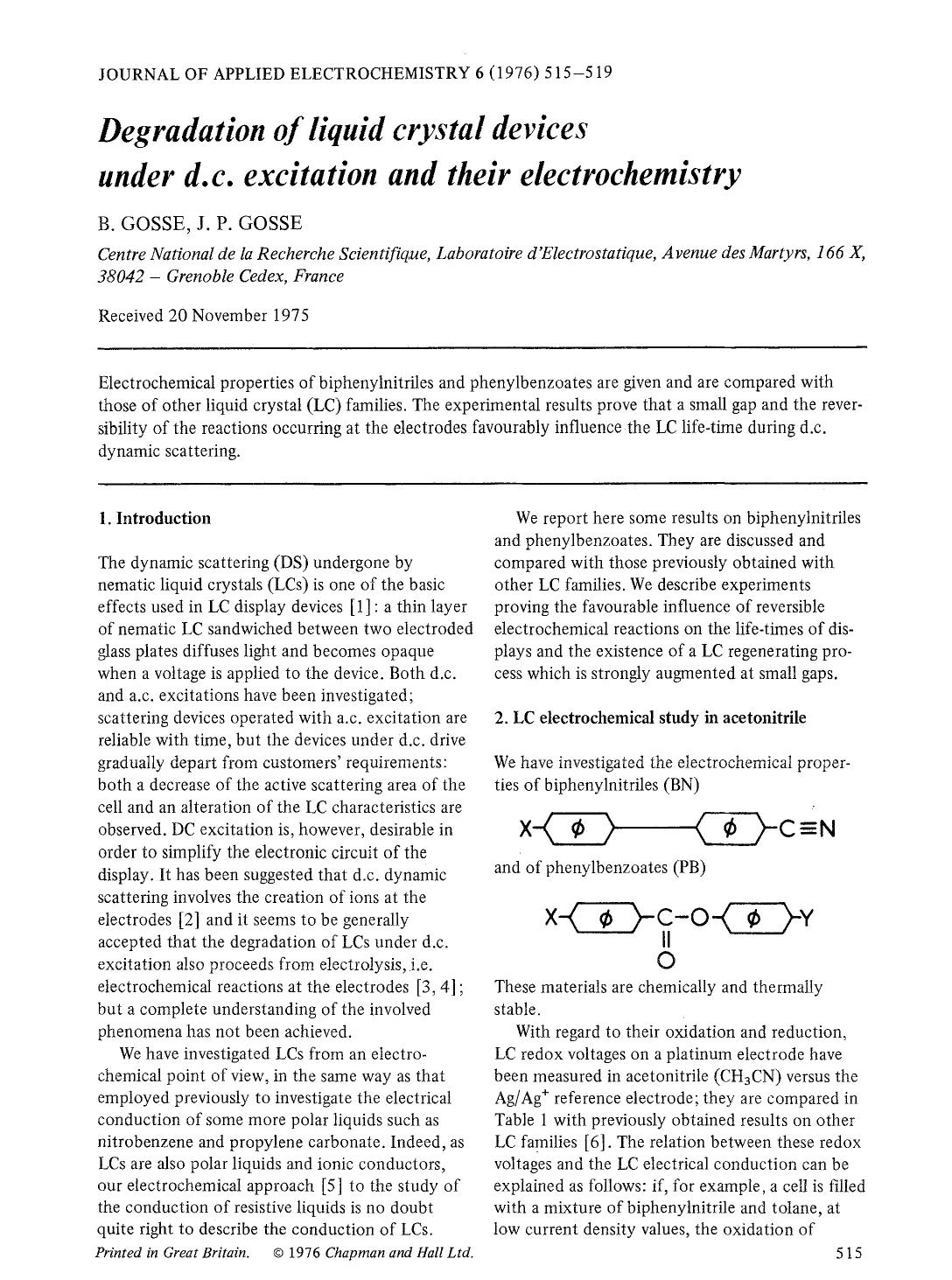 Degradation of liquid crystal devices under d.c. excitation and their electrochemistry by Unknown