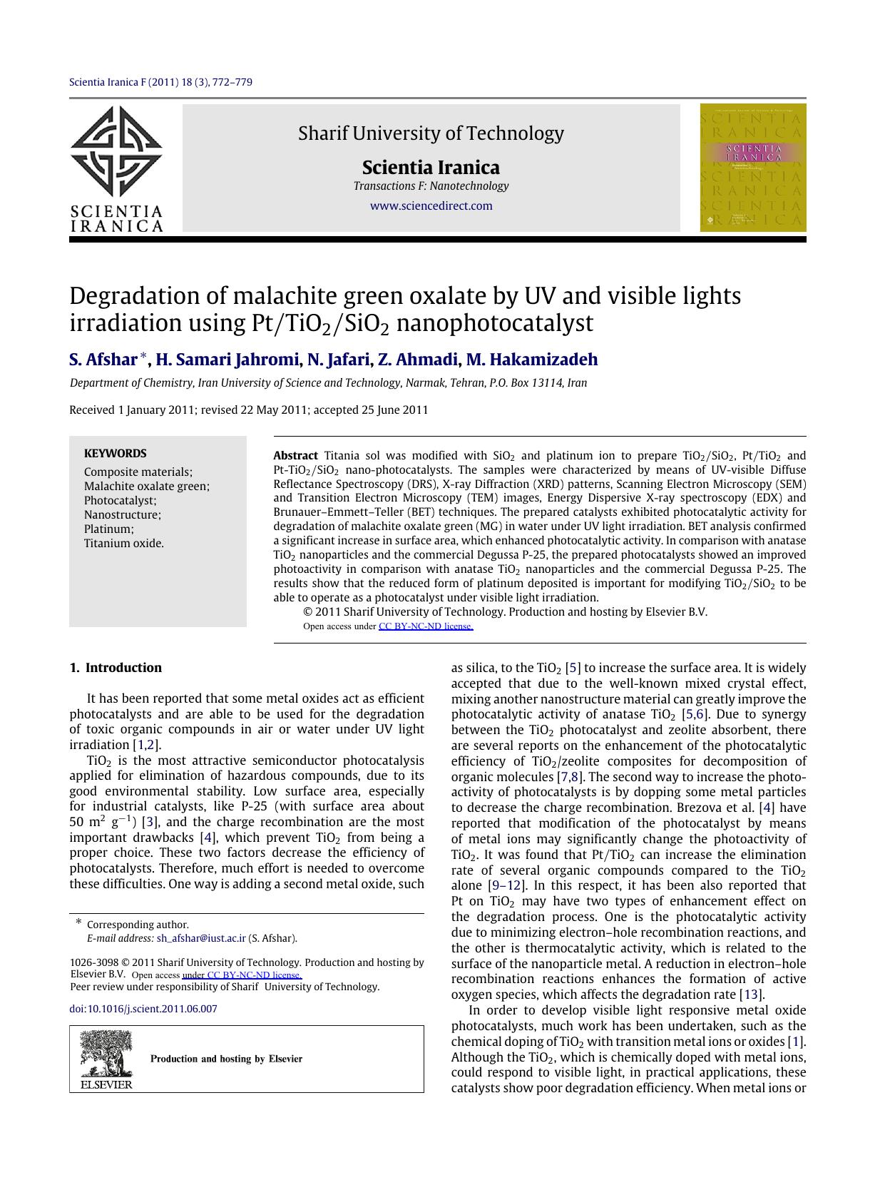 Degradation of malachite green oxalate by UV and visible lights irradiation using nanophotocatalyst by S. Afshar H. Samari Jahromi N. Jafari Z. Ahmadi M. Hakamizadeh