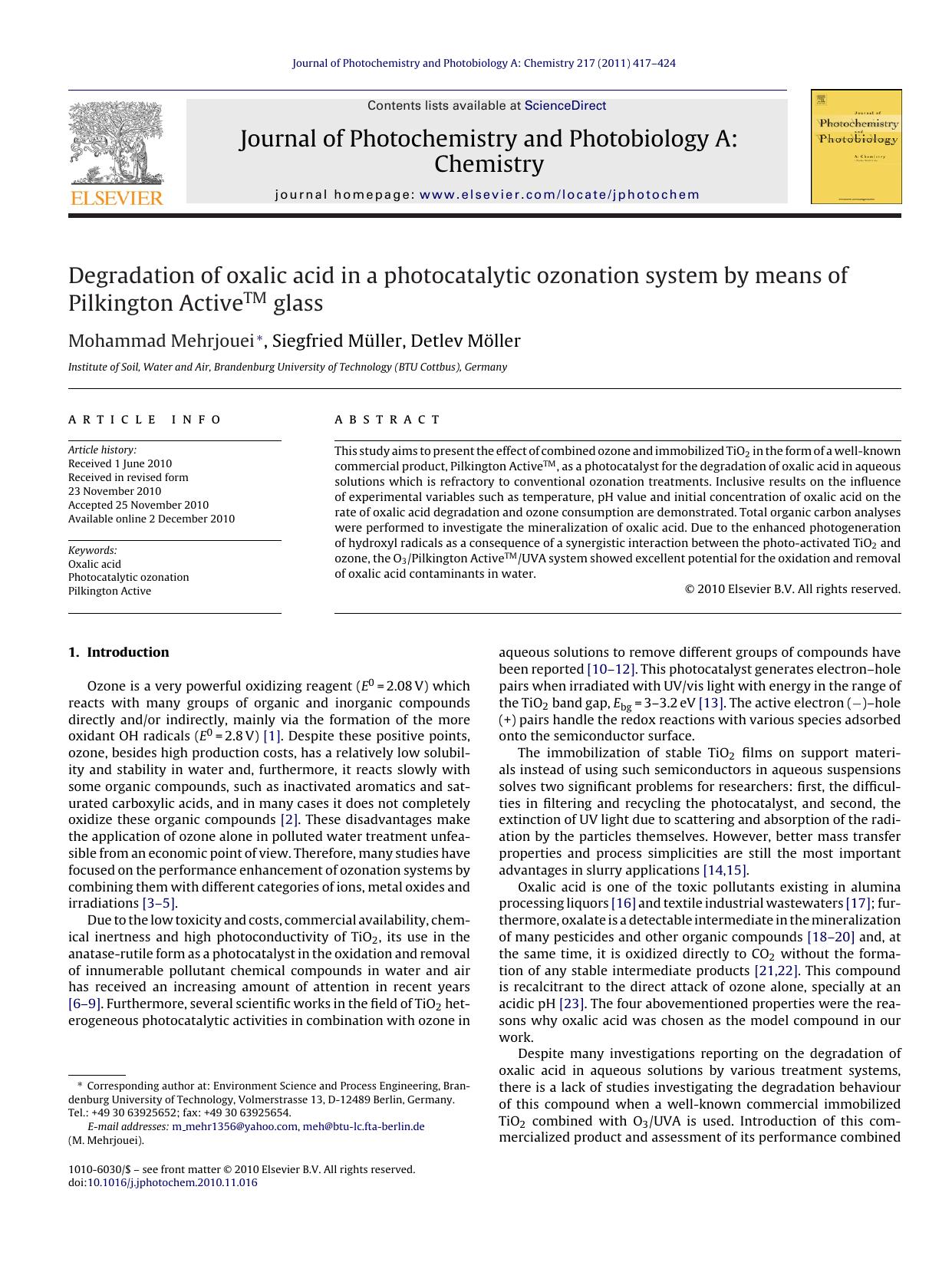 Degradation of oxalic acid in a photocatalytic ozonation system by means of Pilkington ActiveÃ¢âÂ¢ glass by Mohammad Mehrjouei