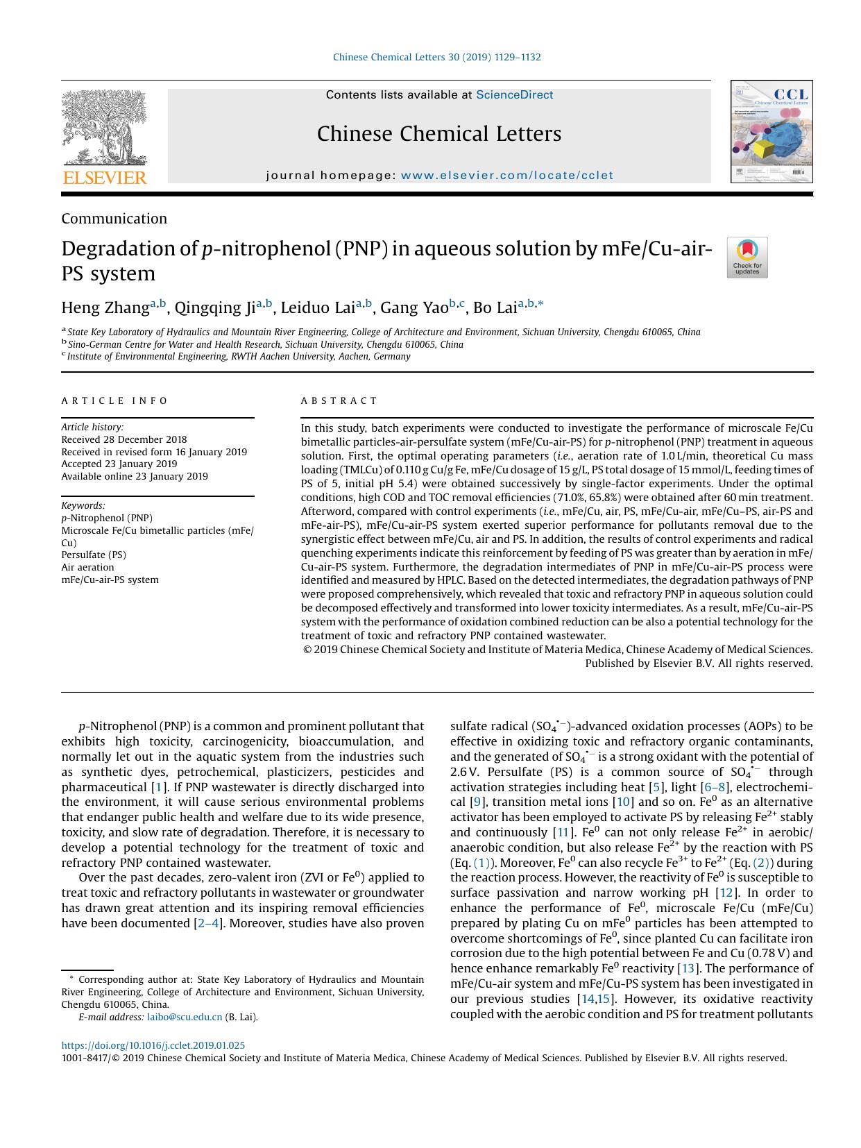 Degradation of p-nitrophenol (PNP) in aqueous solution by mFeCu-air-PS system by Heng Zhang & Qingqing Ji & Leiduo Lai & Gang Yao & Bo Lai