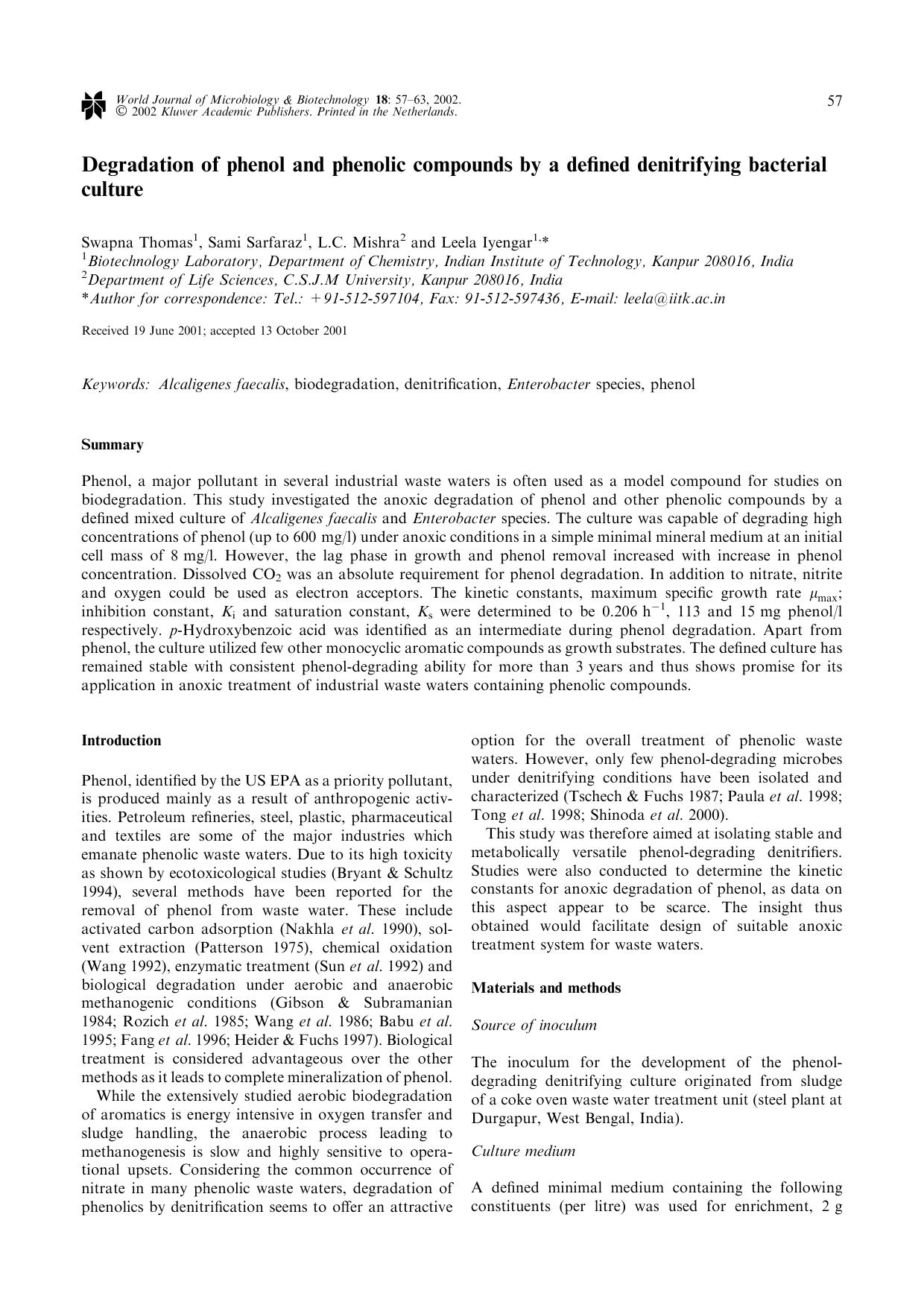 Degradation of phenol and phenolic compounds by a defined denitrifying bacterial culture by Unknown