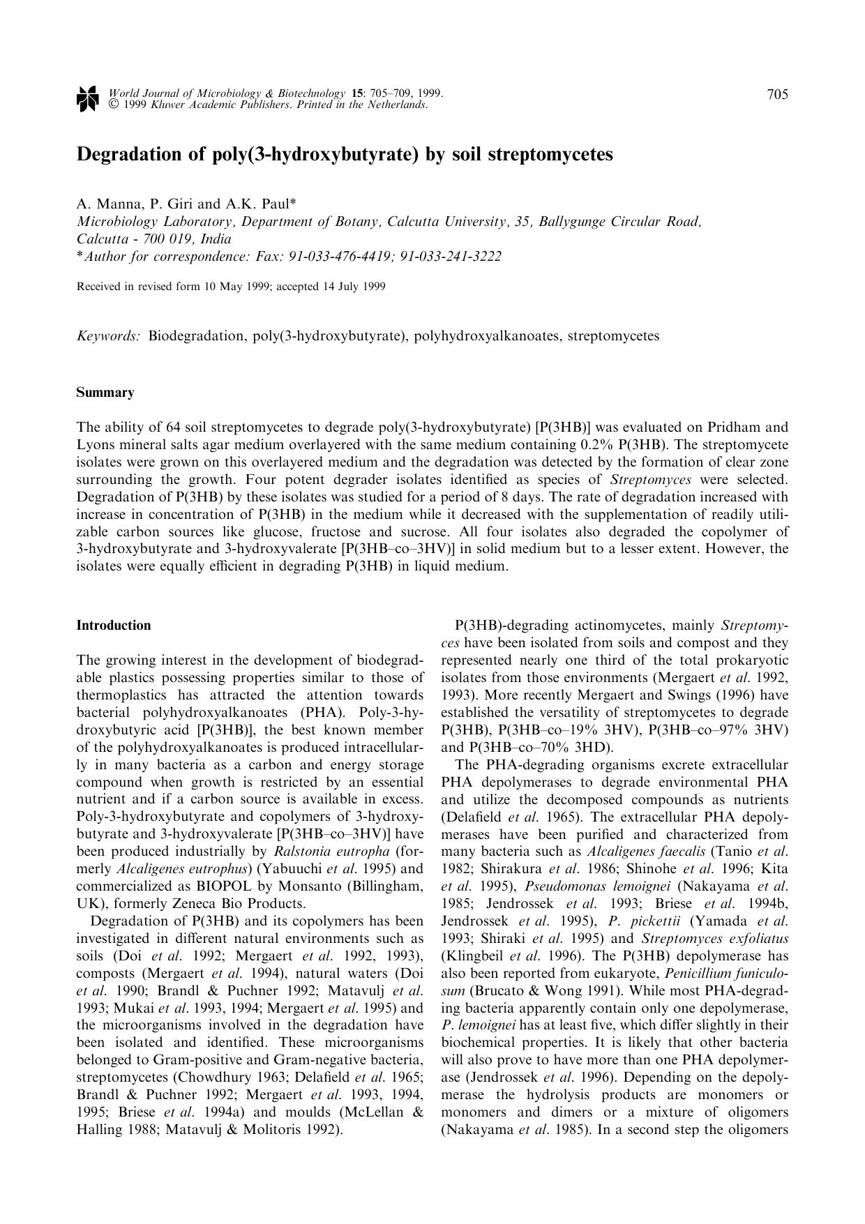 Degradation of poly(3-hydroxybutyrate) by soil streptomycetes by Unknown