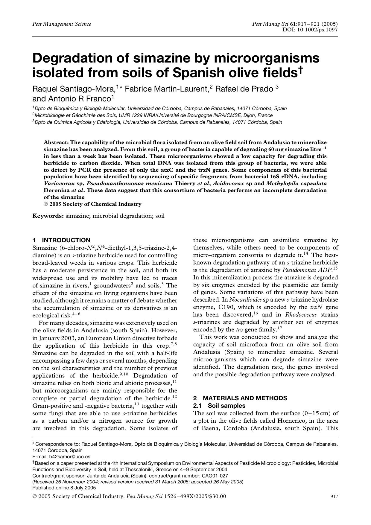 Degradation of simazine by microorganisms isolated from soils of Spanish olive fields by Unknown