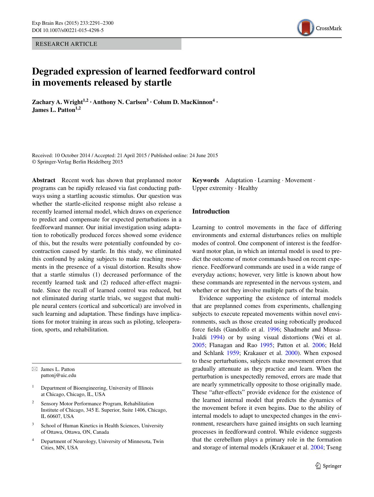 Degraded expression of learned feedforward control in movements released by startle by Zachary A. Wright & Anthony N. Carlsen & Colum D. MacKinnon & James L. Patton