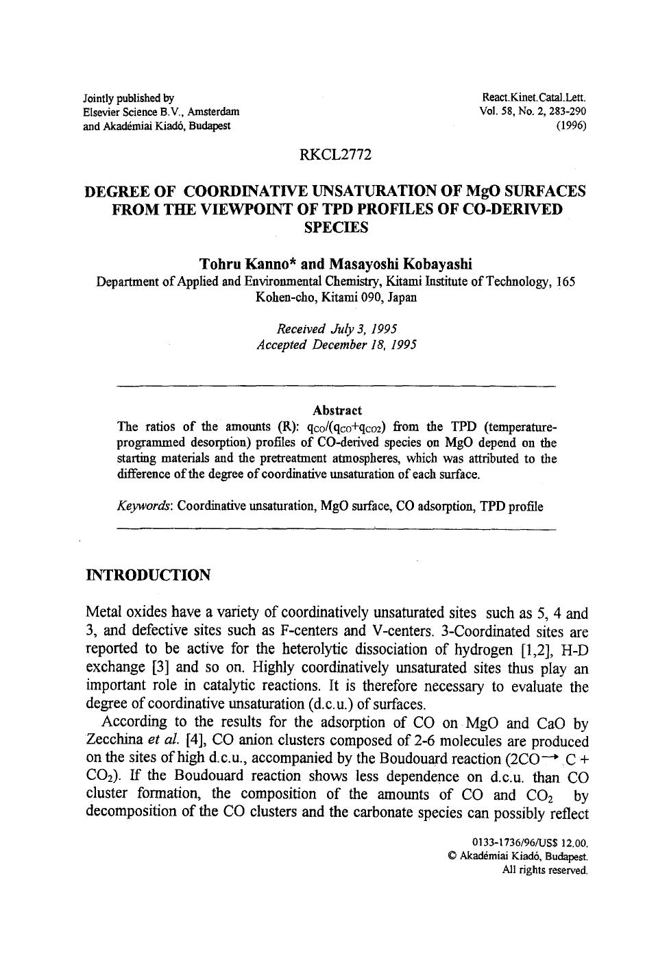 Degree of coordinative unsaturation of MgO surfaces from the viewpoint of TPD profiles of CO-derived species by Unknown