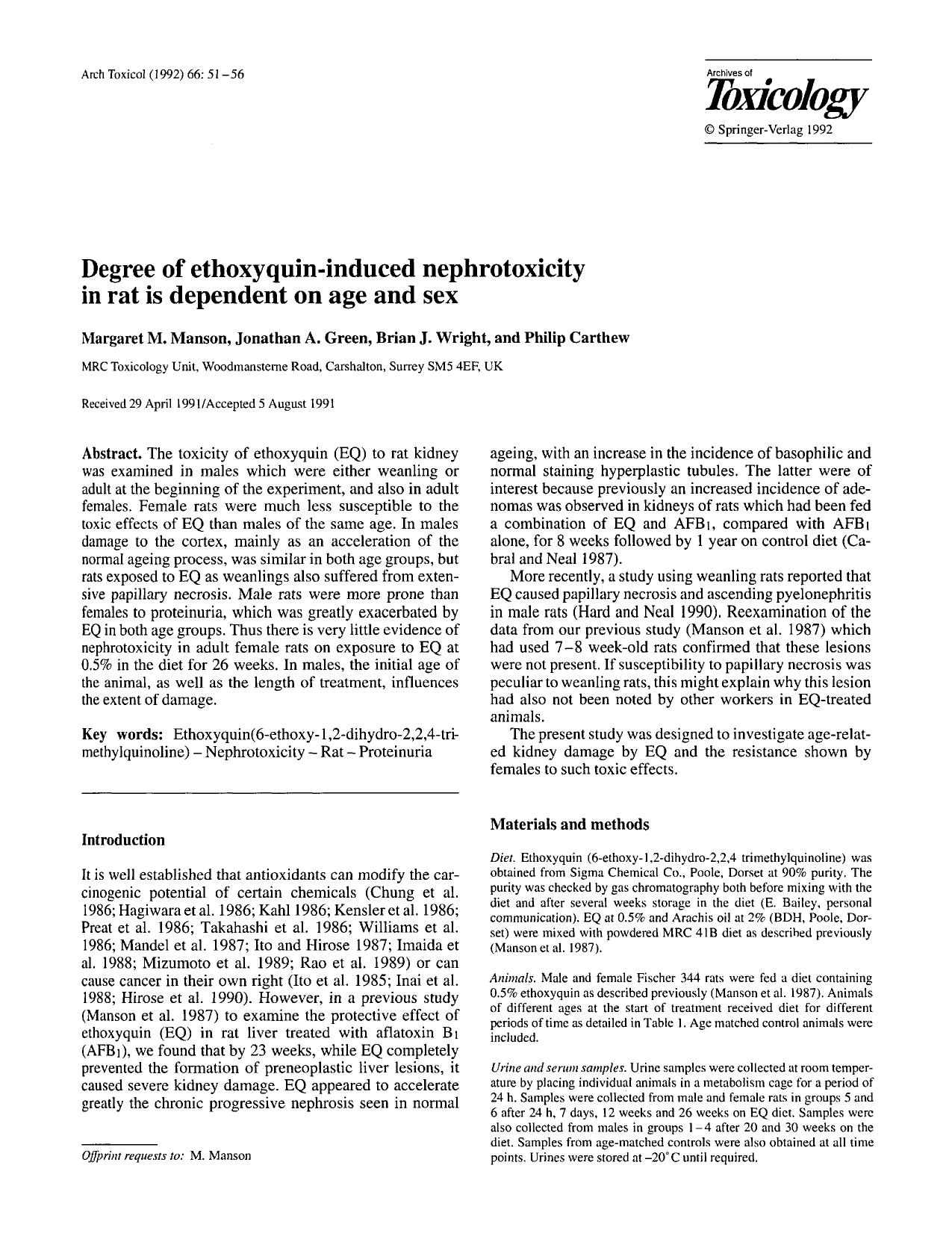 Degree of ethoxyquin-induced nephrotoxicity in rat is dependent on age and sex by Unknown
