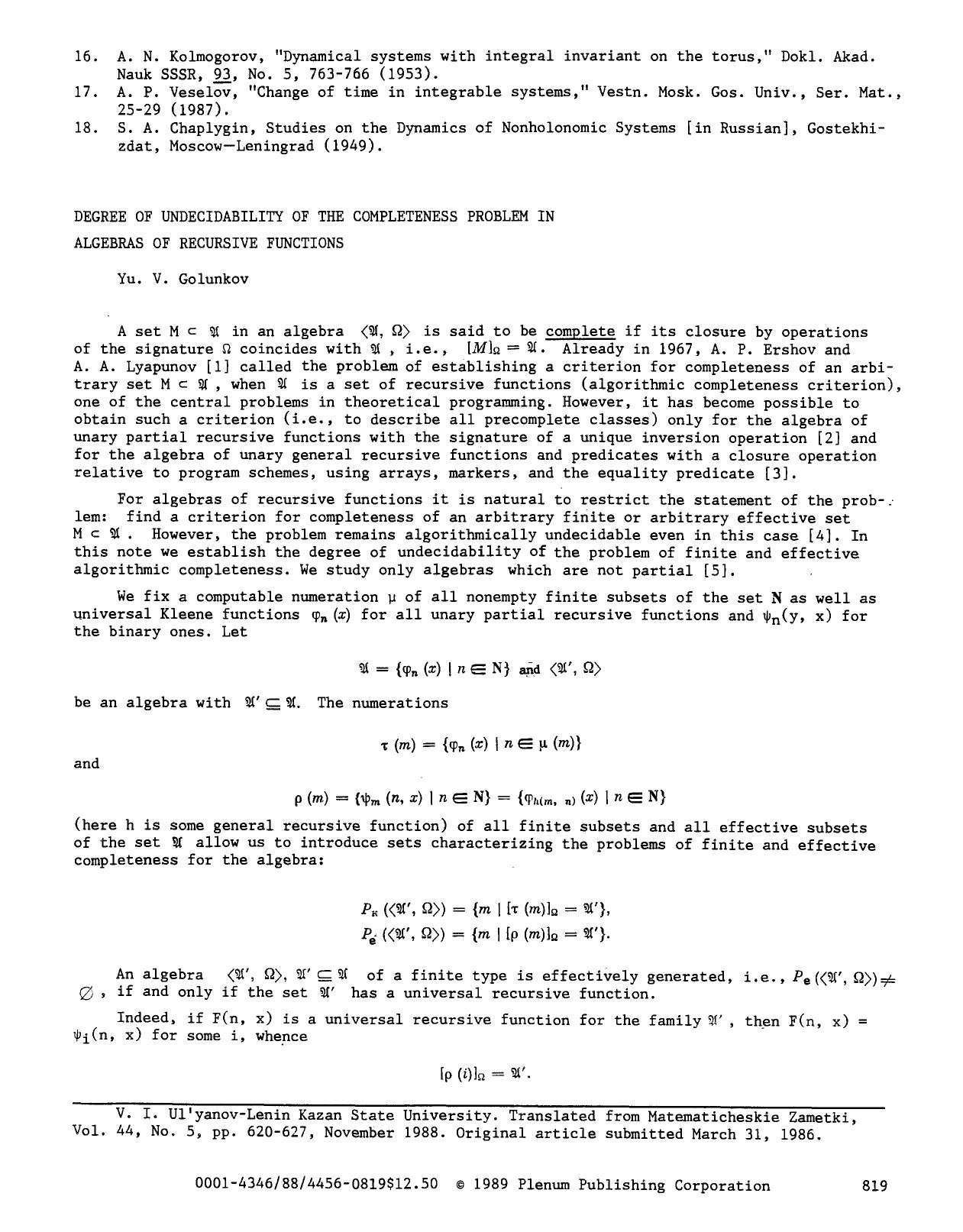 Degree of undecidability of the completeness problem in algebras of recursive functions by Unknown