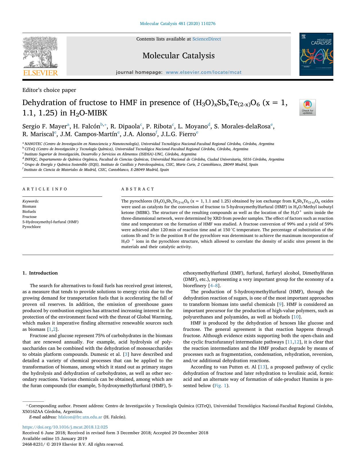 Dehydration of fructose to HMF in presence of (H3O)xSbxTe(2-x)O6 (xâ=â1, 1.1, 1.25) in H2O-MIBK by unknow