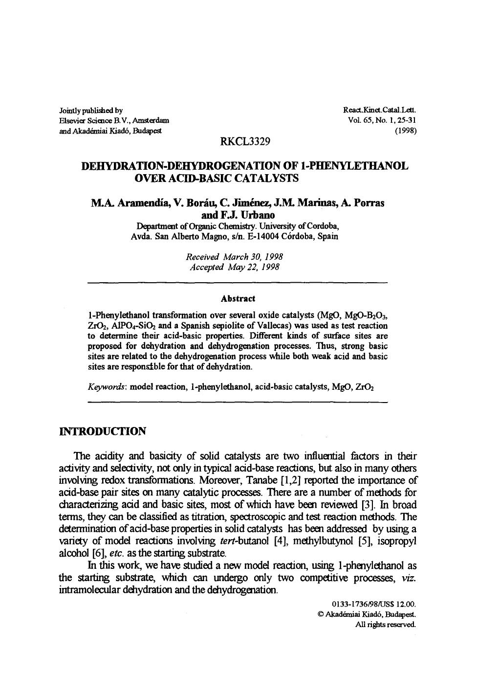 Dehydration-dehydrogenation of 1-phenylethanol over acid-basic catalysts by Unknown