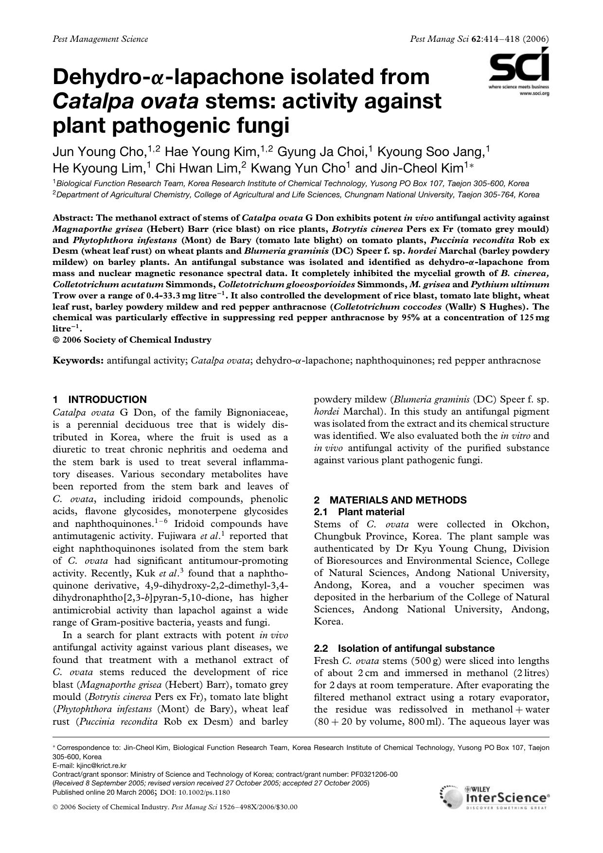 Dehydro-[alpha]-lapachone isolated from Catalpa ovata stems: activity against plant pathogenic fungi by Unknown