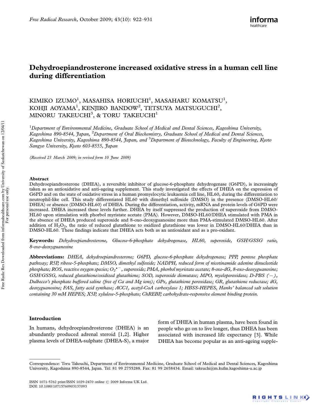 Dehydroepiandrosterone increased oxidative stress in a human cell line during differentiation by unknow