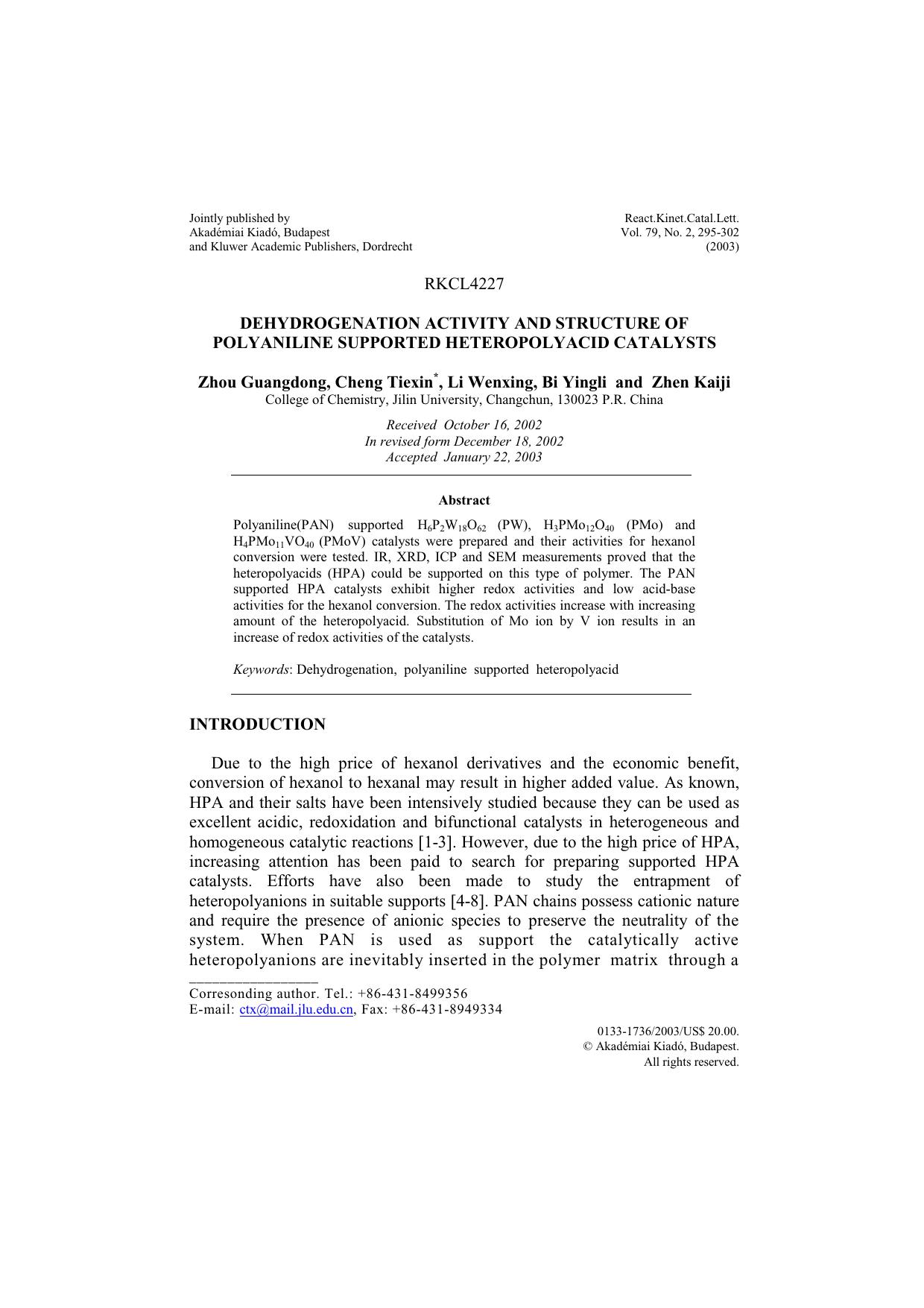 Dehydrogenation activity and structure of polyaniline supported heteropolyacid catalysts by Unknown