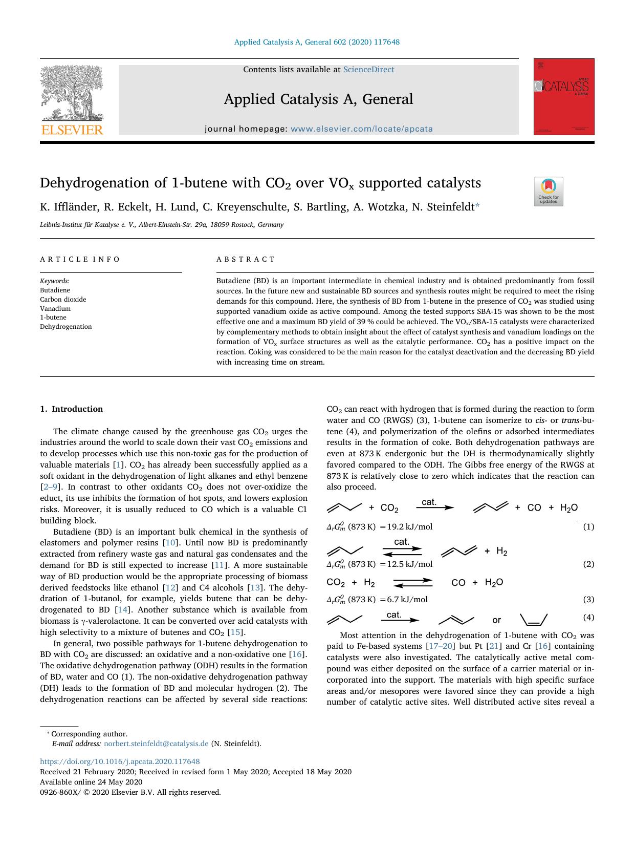 Dehydrogenation of 1-butene with CO2 over VOx supported catalysts by K. Iffländer & R. Eckelt & H. Lund & C. Kreyenschulte & S. Bartling & A. Wotzka & N. Steinfeldt