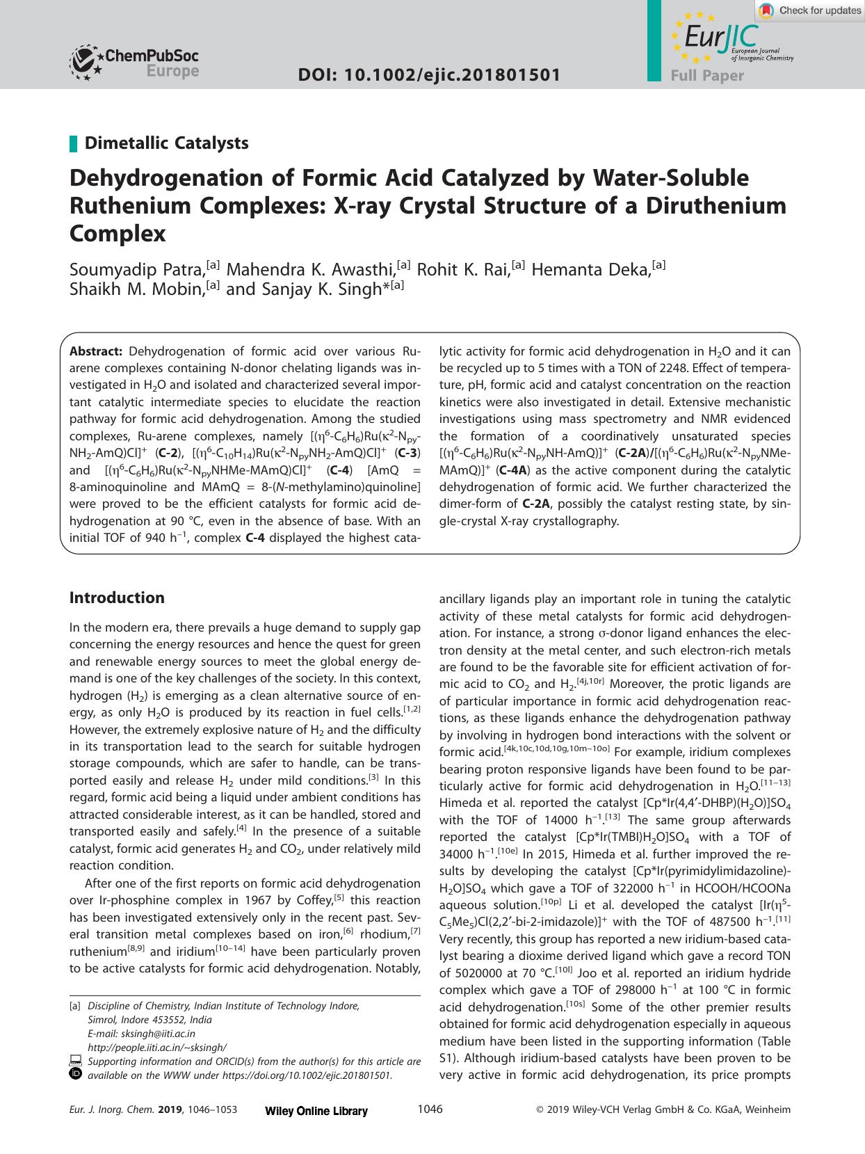 Dehydrogenation of Formic Acid Catalyzed by WaterâSoluble Ruthenium Complexes: Xâray Crystal Structure of a Diruthenium Complex by Unknown