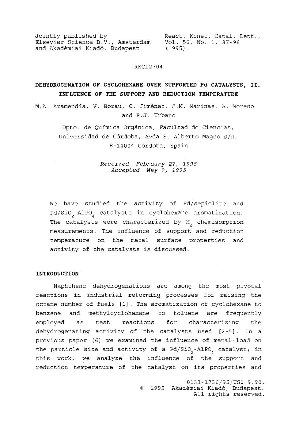 Dehydrogenation of cyclohexane over supported Pd catalysts, II. Influence of the support and reduction temperature by Unknown