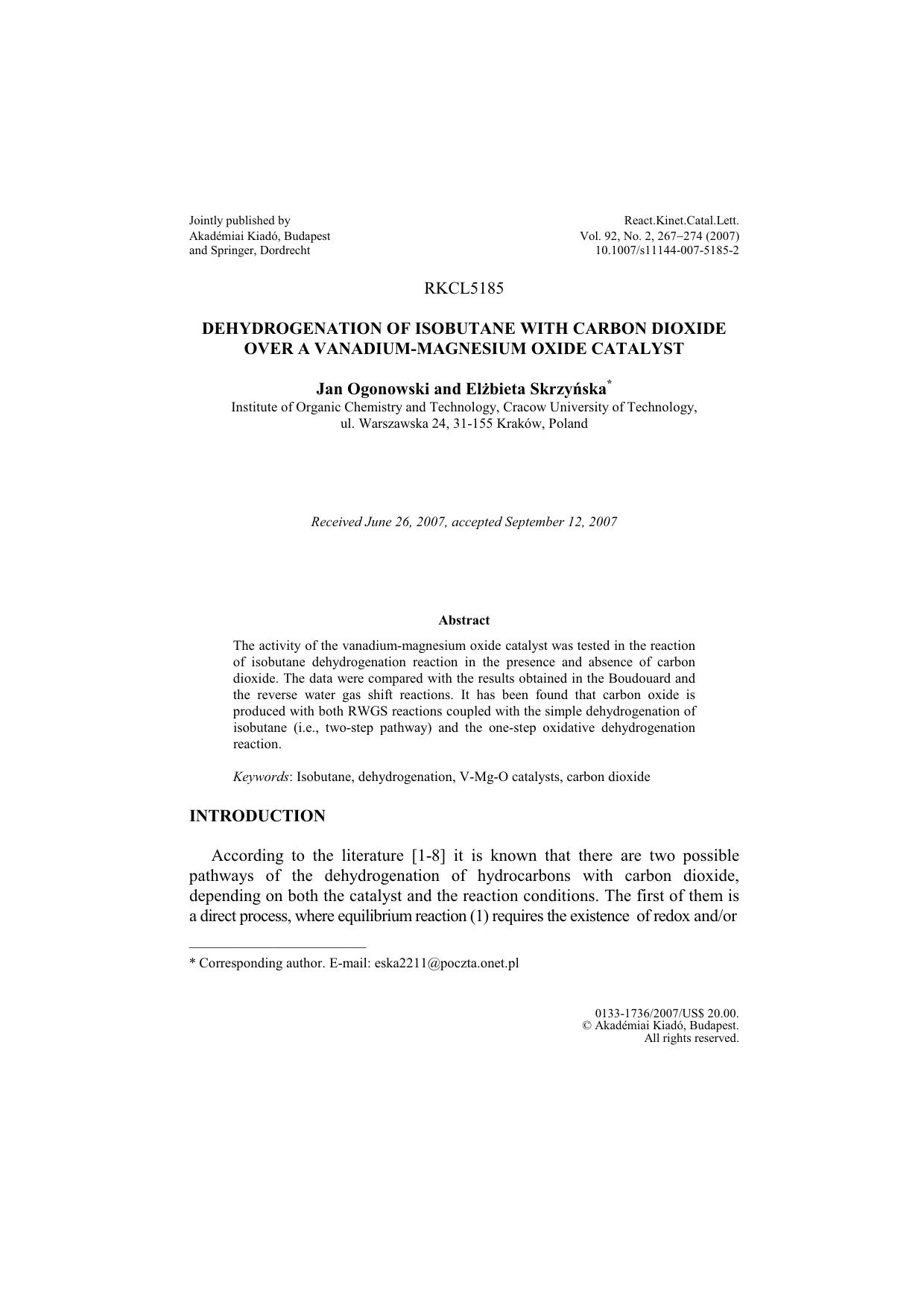 Dehydrogenation of isobutane with carbon dioxide over a vanadium-magnesium oxide catalyst by Unknown