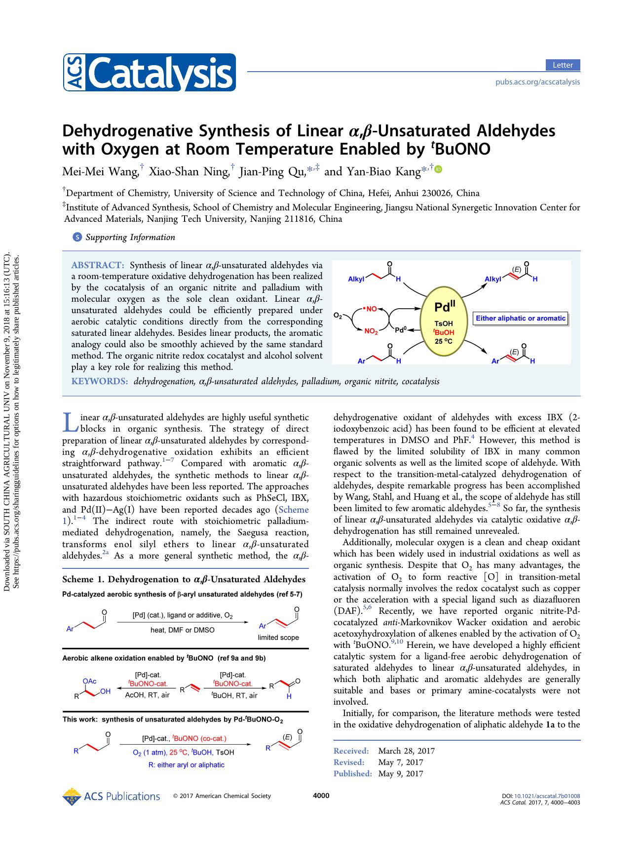 Dehydrogenative Synthesis of Linear Î±,Î²-Unsaturated Aldehydes with Oxygen at Room Temperature Enabled by tBuONO by Mei-Mei Wang Xiao-Shan Ning Jian-Ping Qu & Yan-Biao Kang