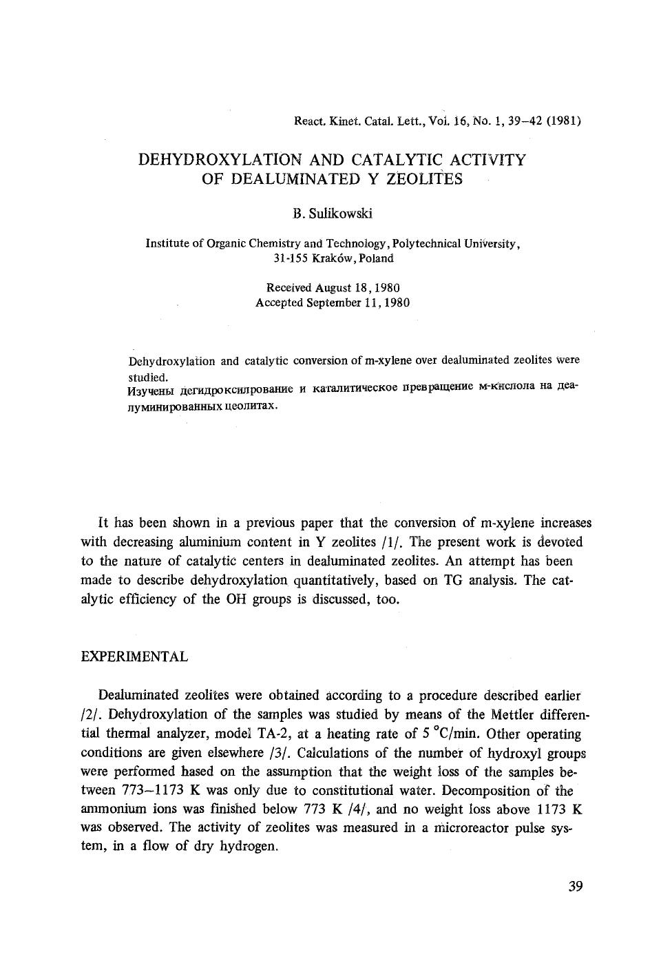 Dehydroxylation and catalytic activity of dealuminated Y zeolites by Unknown