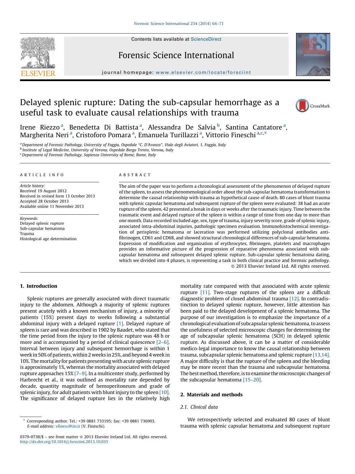 Delayed splenic rupture: Dating the sub-capsular hemorrhage as a useful task to evaluate causal relationships with trauma by Irene Riezzo
