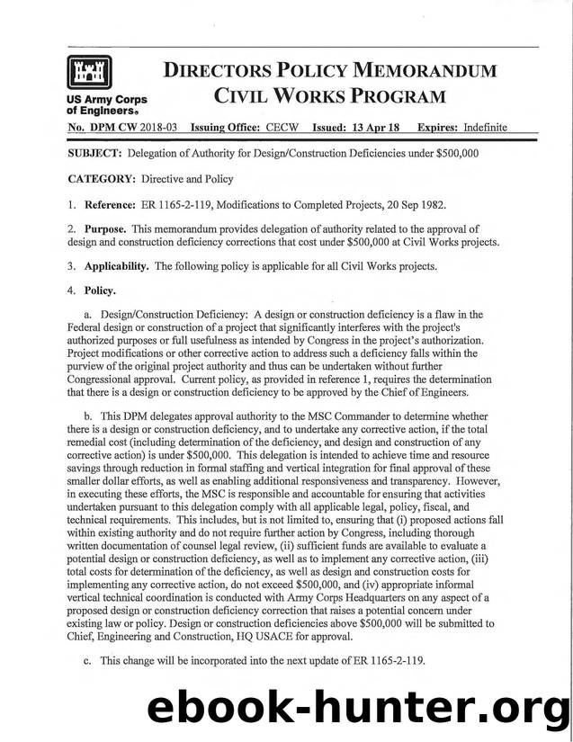 Delegation of Authority for Design-Construction Deficiencies by Unknown