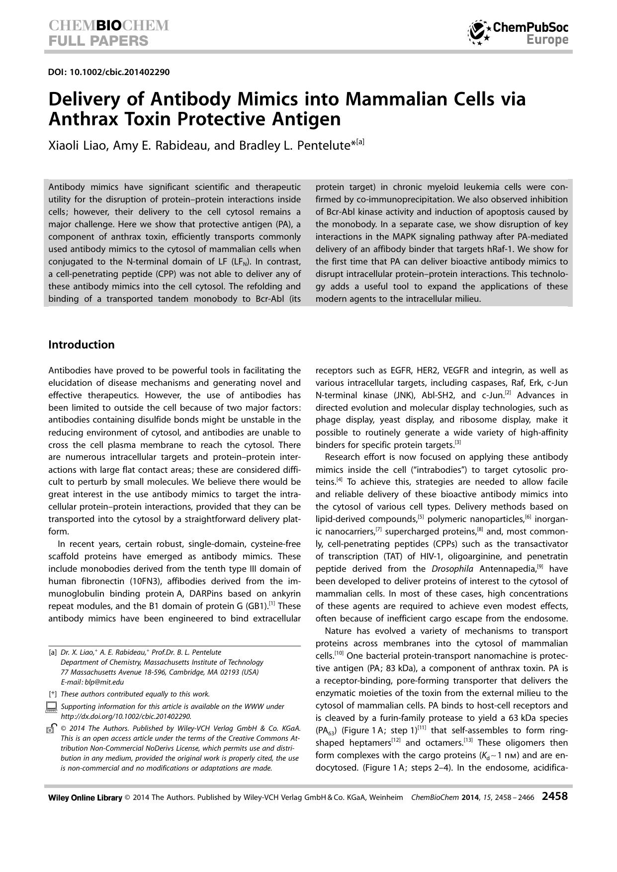 Delivery of Antibody Mimics into Mammalian Cells via Anthrax Toxin Protective Antigen by Unknown