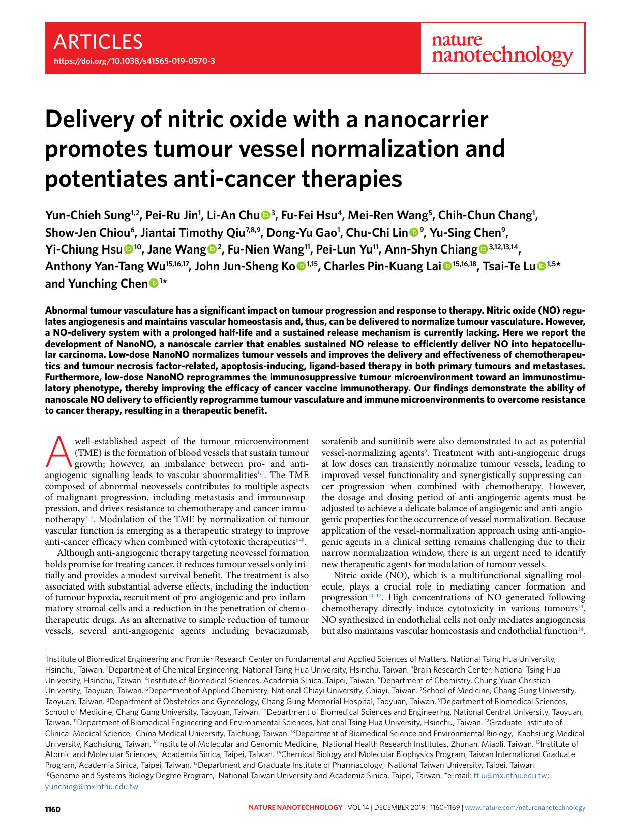 Delivery of nitric oxide with a nanocarrier promotes tumour vessel normalization and potentiates anti-cancer therapies by unknow
