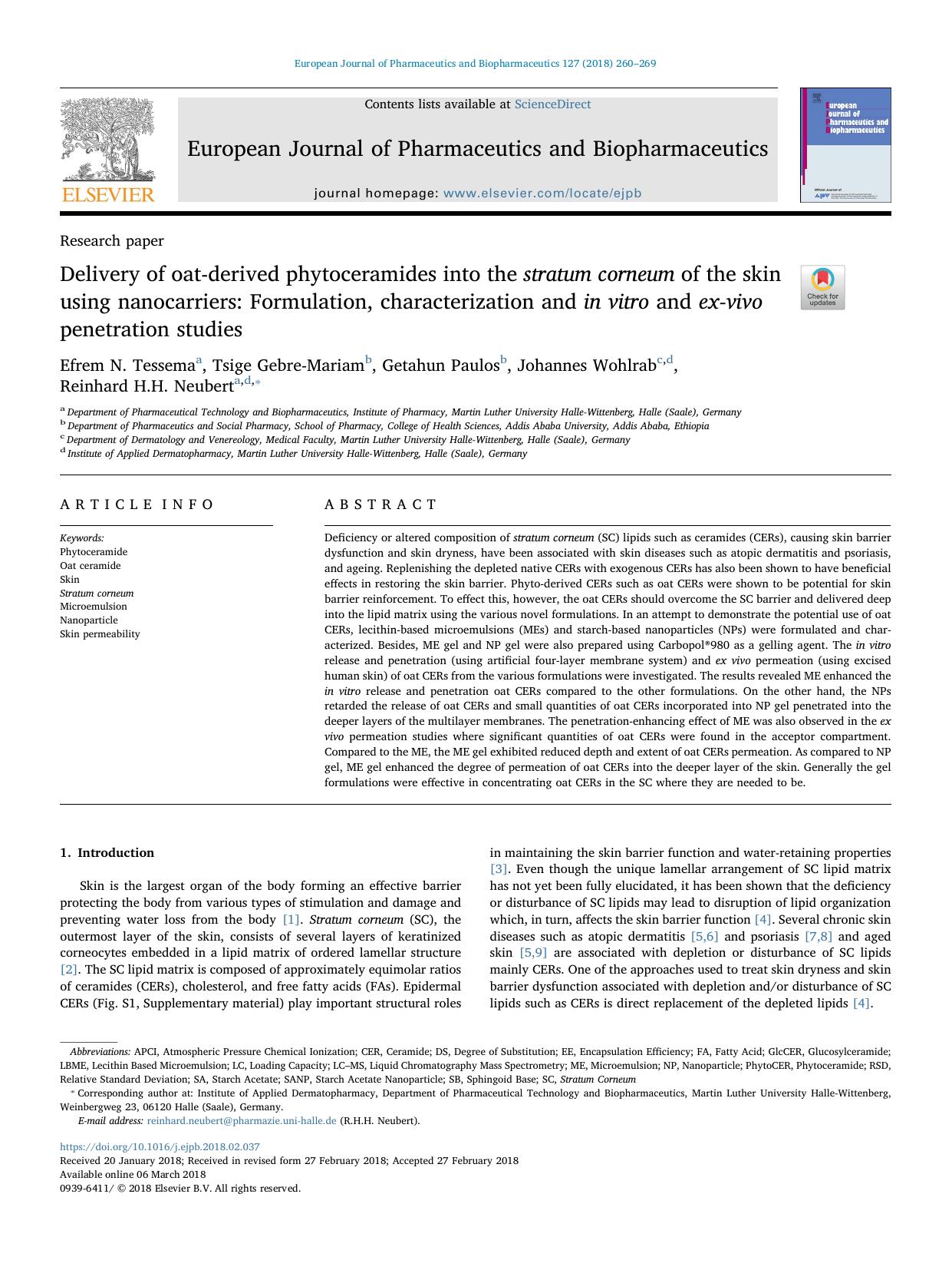 Delivery of oat-derived phytoceramides into the stratum corneum of the skin using nanocarriers_ Formulation, characterization and in vitro and ex-vivo penetration studies by Efrem N. Tessema & Tsige Gebre-Mariam & Getahun Paulos & Johannes Wohlrab & Reinhard H.H. Neubert
