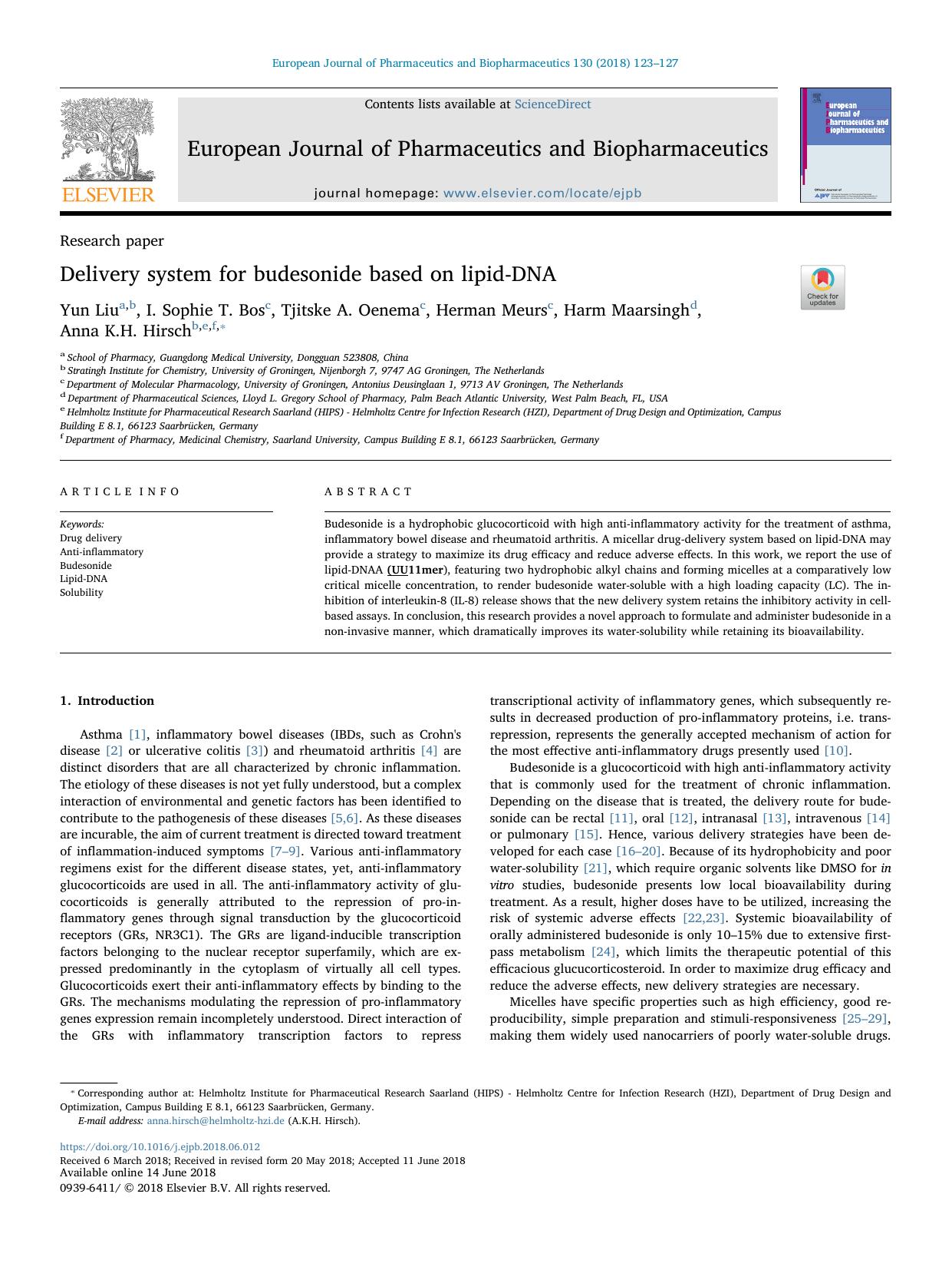 Delivery system for budesonide based on lipid-DNA by Yun Liu & I. Sophie T. Bos & Tjitske A. Oenema & Herman Meurs & Harm Maarsingh & Anna K.H. Hirsch