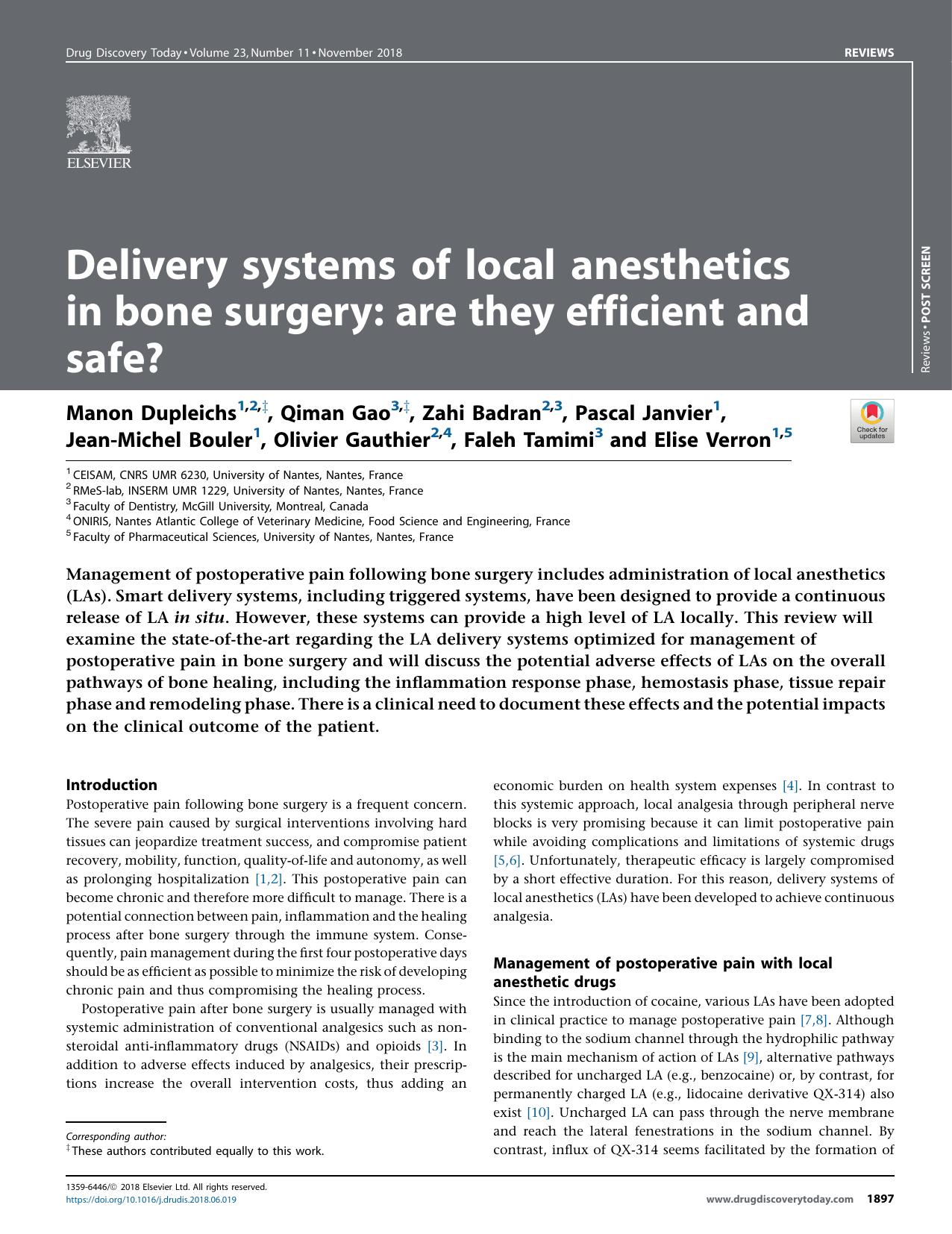 Delivery systems of local anesthetics in bone surgery: are they efficient and safe? by unknow