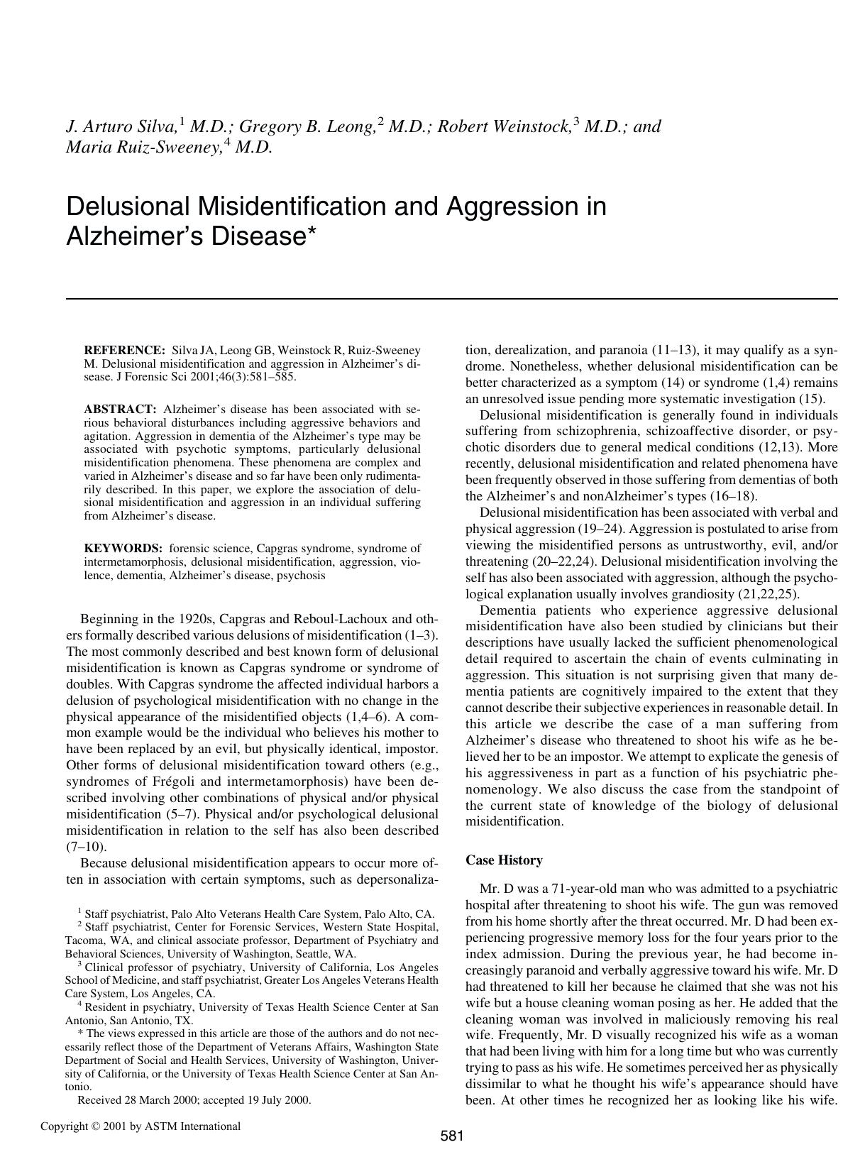 Delusional misidentification and aggression in Alzheimer's disease by Silva JA Leong GB Weinstock R Ruiz-Sweeney M