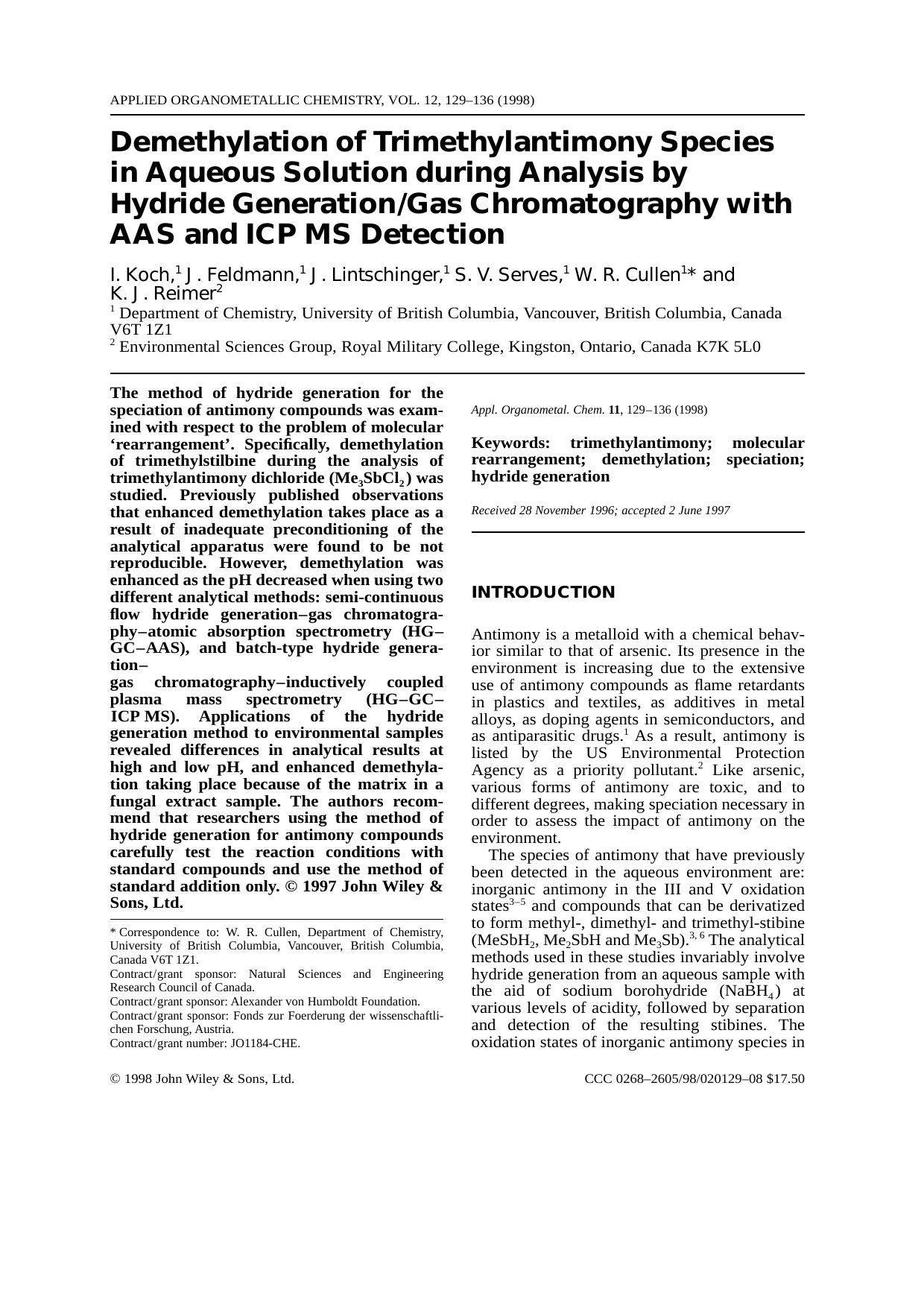 Demethylation of trimethylantimony species in aqueous solution during analysis by hydride generationgas chromatography with AAS and ICP MS detection by Koch Feldmann Lintschinger Serves Cullen Reimer