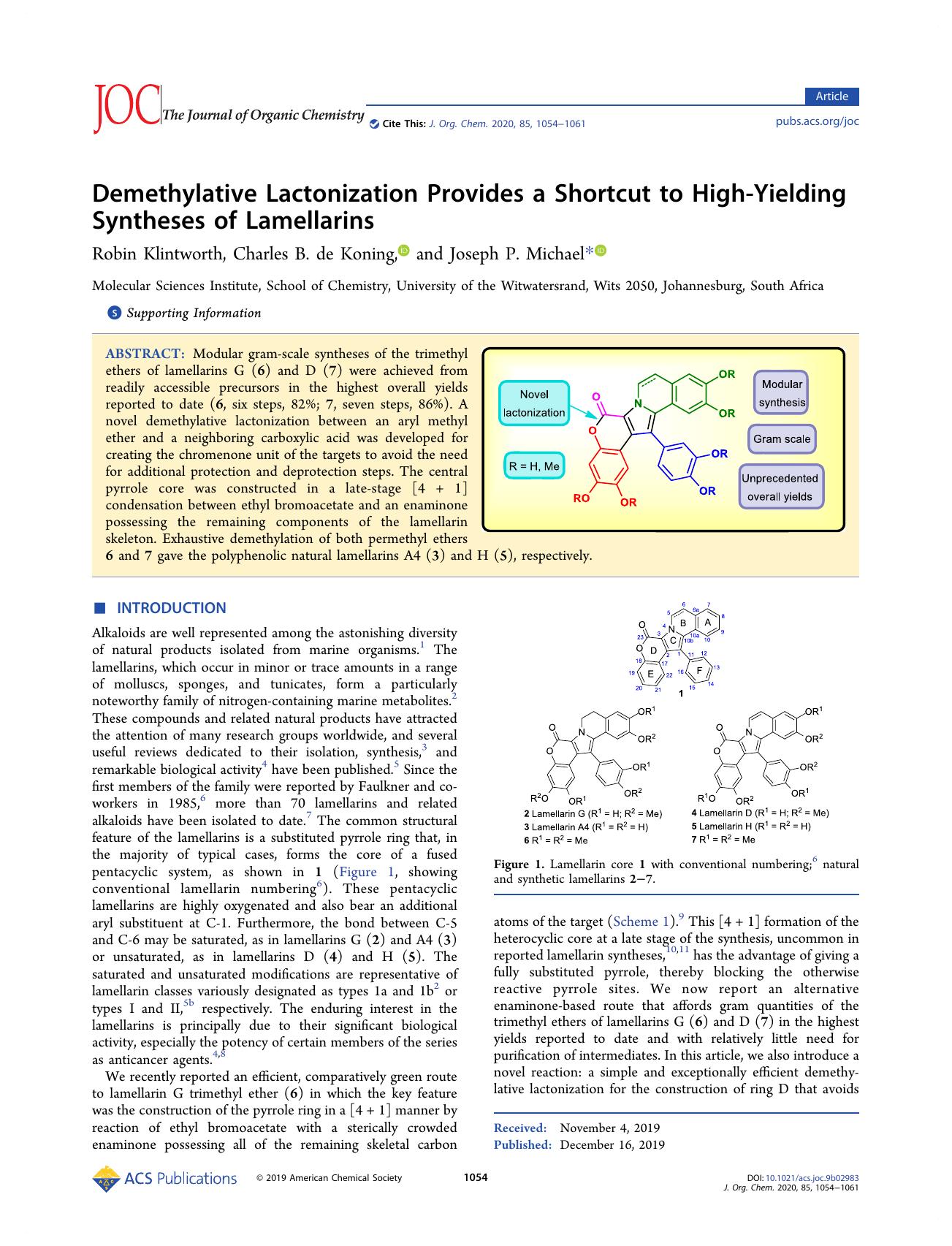 Demethylative Lactonization Provides a Shortcut to High-Yielding Syntheses of Lamellarins by Robin Klintworth; Charles B. de Koning; Joseph P. Michael & Charles B. de Koning & Joseph P. Michael