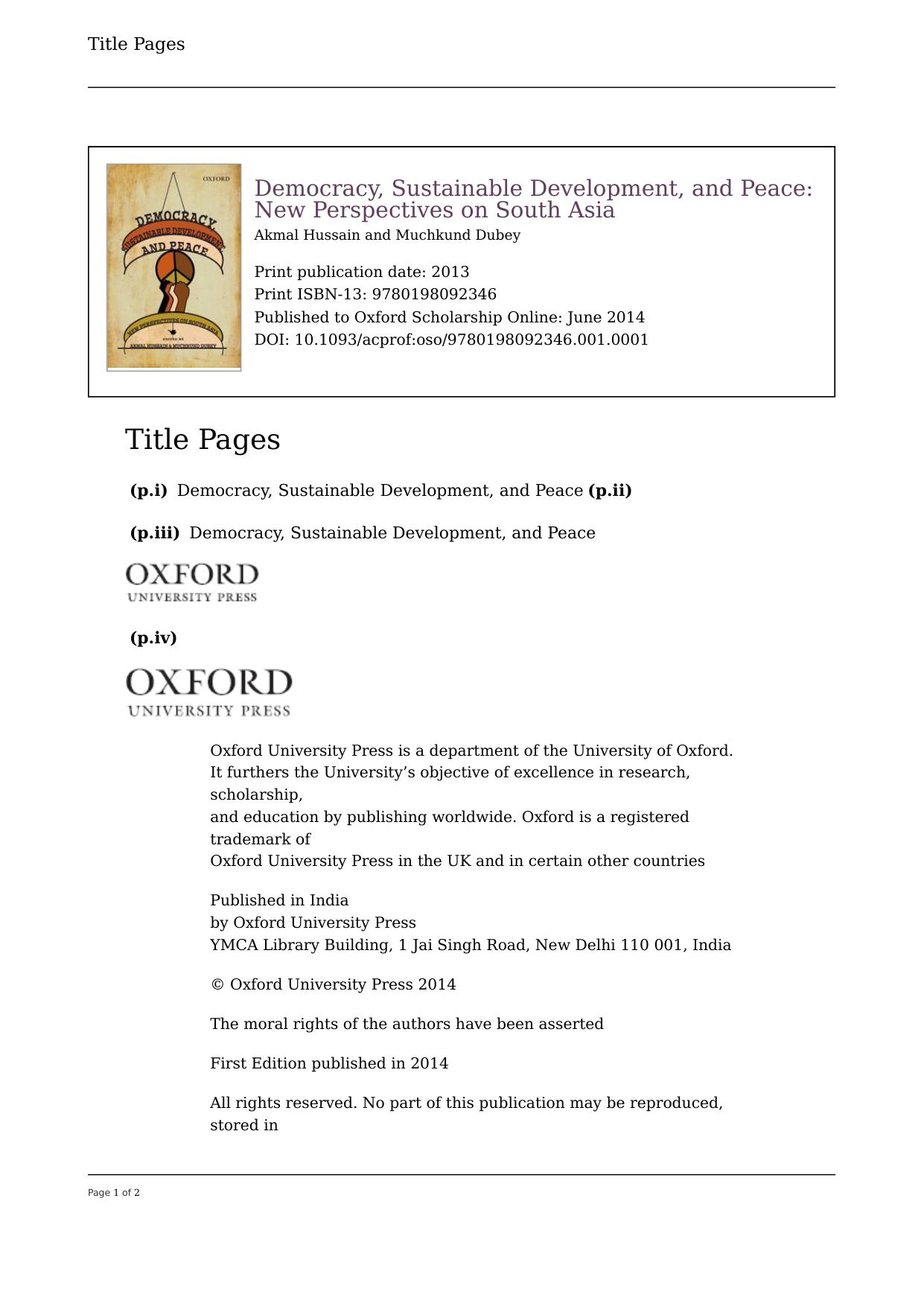 Democracy, Sustainable Development, and Peace: New Perspectives on South Asia by Akmal Hussain; Muchkund Dubey