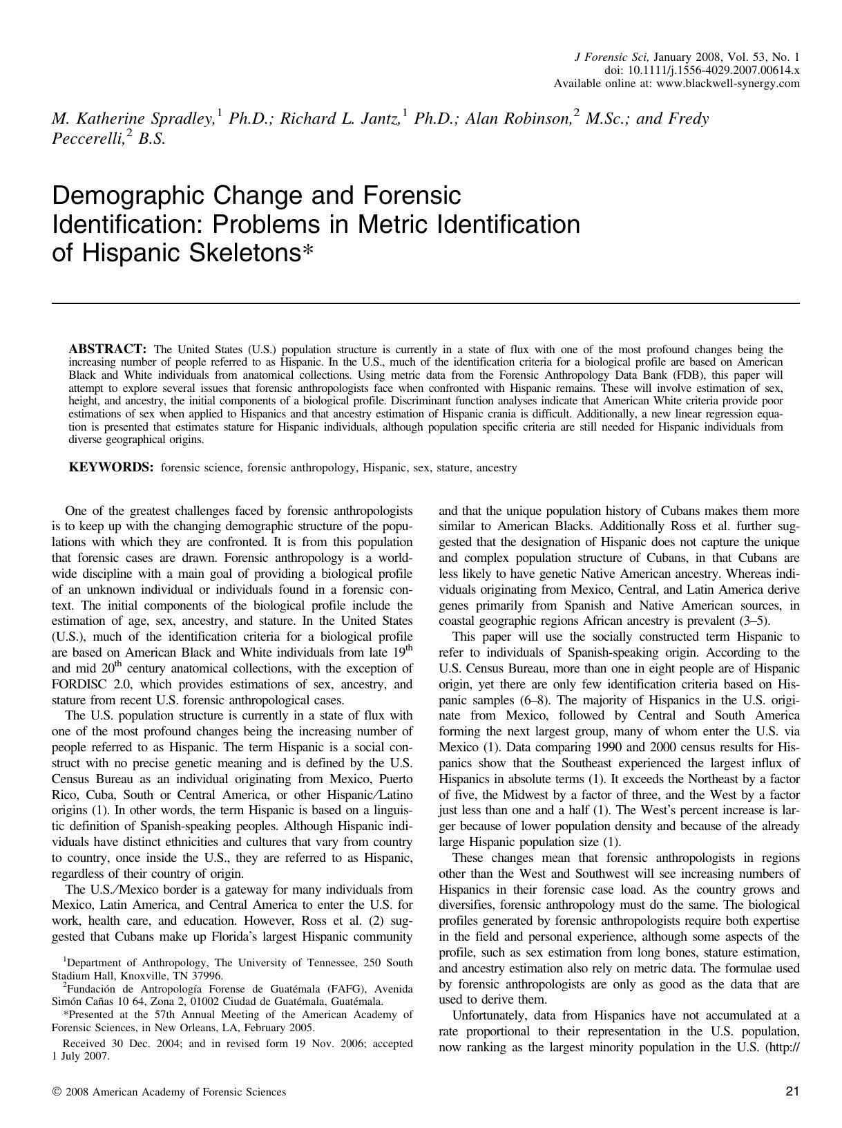 Demographic Change and Forensic Identification: Problems in Metric Identification of Hispanic Skeletons* by Unknown