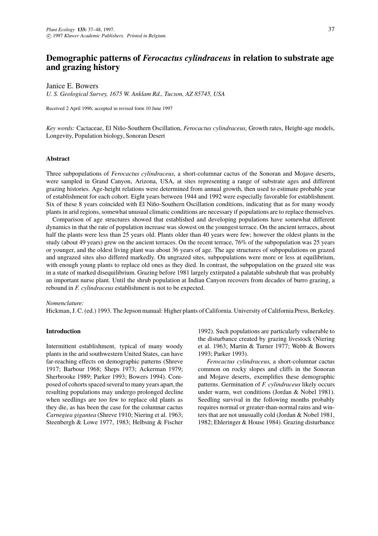 Demographic patterns of Ferocactus cylindraceus in relation to substrate age and grazing history by Unknown