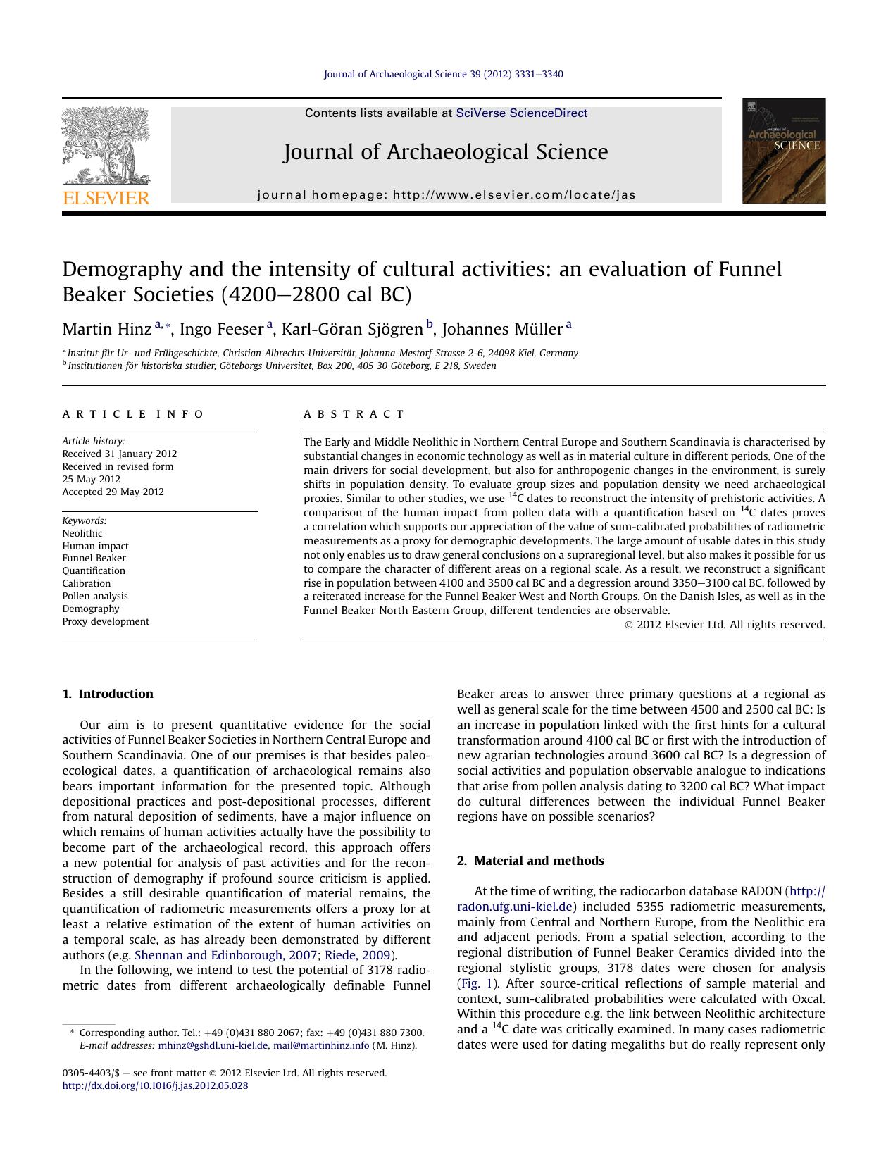 Demography and the intensity of cultural activities-an evaluation of Funnel Beaker Societies (4200-2800 cal BC) by Hinz M. Feeser I Sjögren K.-G Müller J