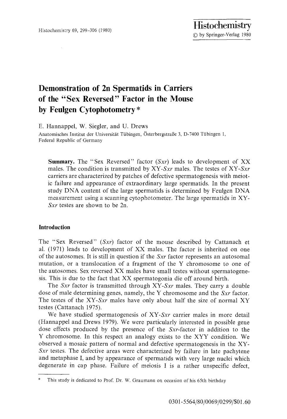 Demonstration of 2n spermatids in carriers of the &#x201C;sex reversed&#x201D; factor in the mouse by feulgen cytophotometry by Unknown