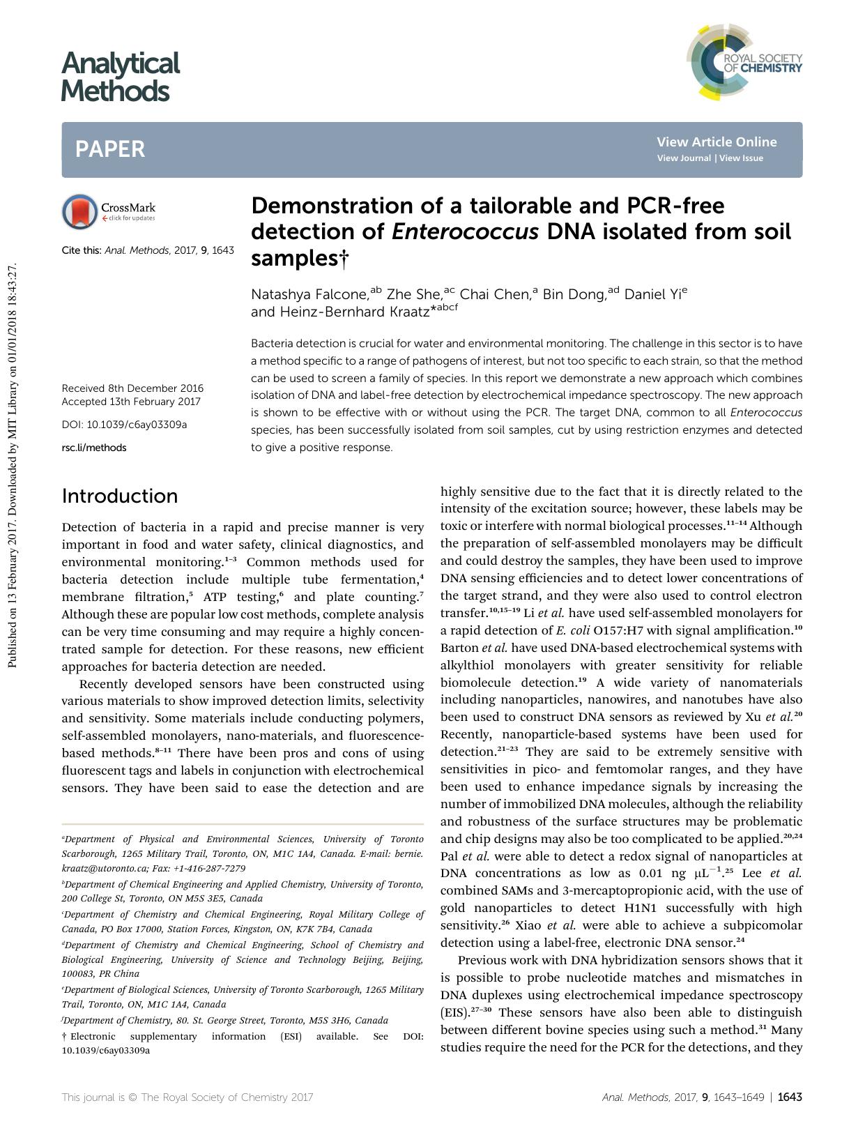 Demonstration of a tailorable and PCR-free detection of Enterococcus DNA isolated from soil samples by Natashya Falcone & Zhe She & Chai Chen & Bin Dong & Daniel Yi & Heinz-Bernhard Kraatz