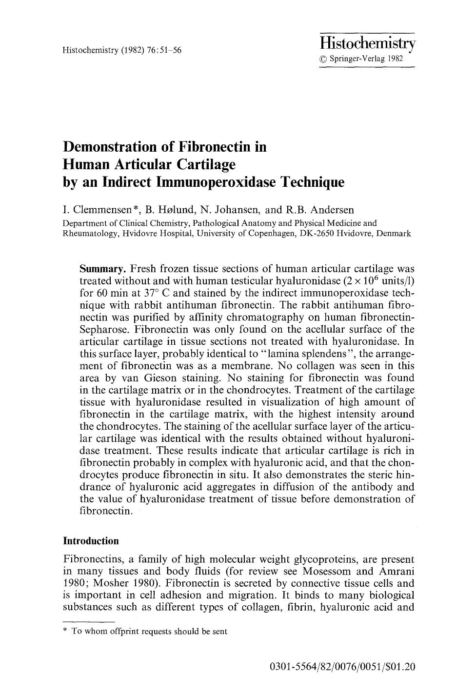 Demonstration of fibronectin in human articular cartilage by an indirect immunoperoxidase technique by Unknown