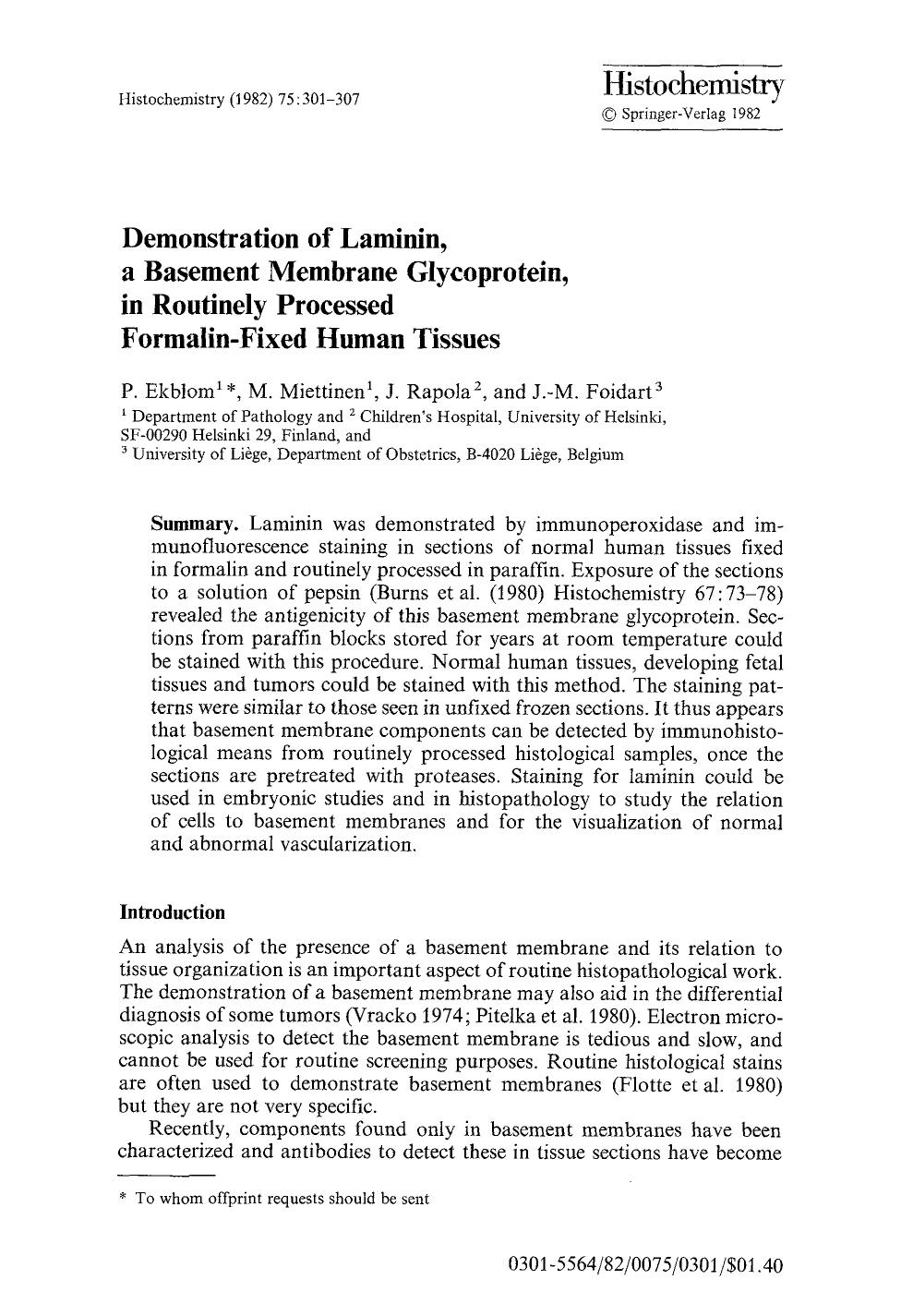Demonstration of laminin, a basement membrane glycoprotein, in routinely processed formalin-fixed human tissues by Unknown