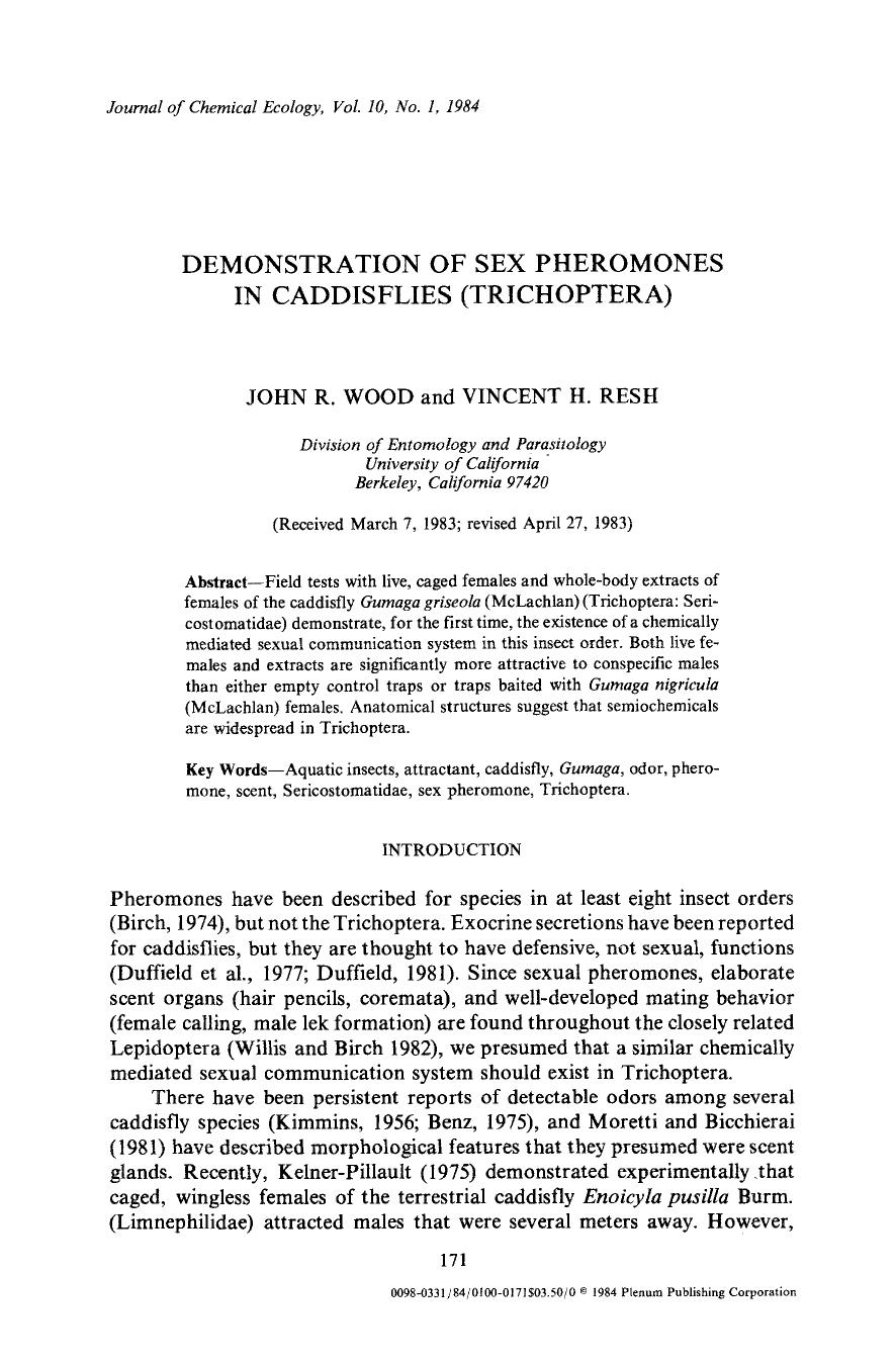 Demonstration of sex pheromones in caddisflies (Trichoptera) by Unknown