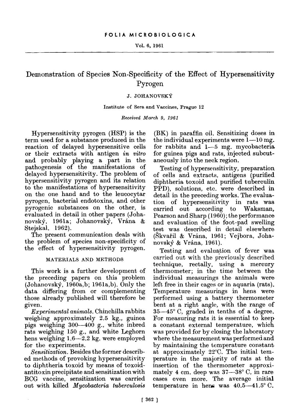 Demonstration of species non-specificity of the effect of hypersensitivity pyrogen by Unknown