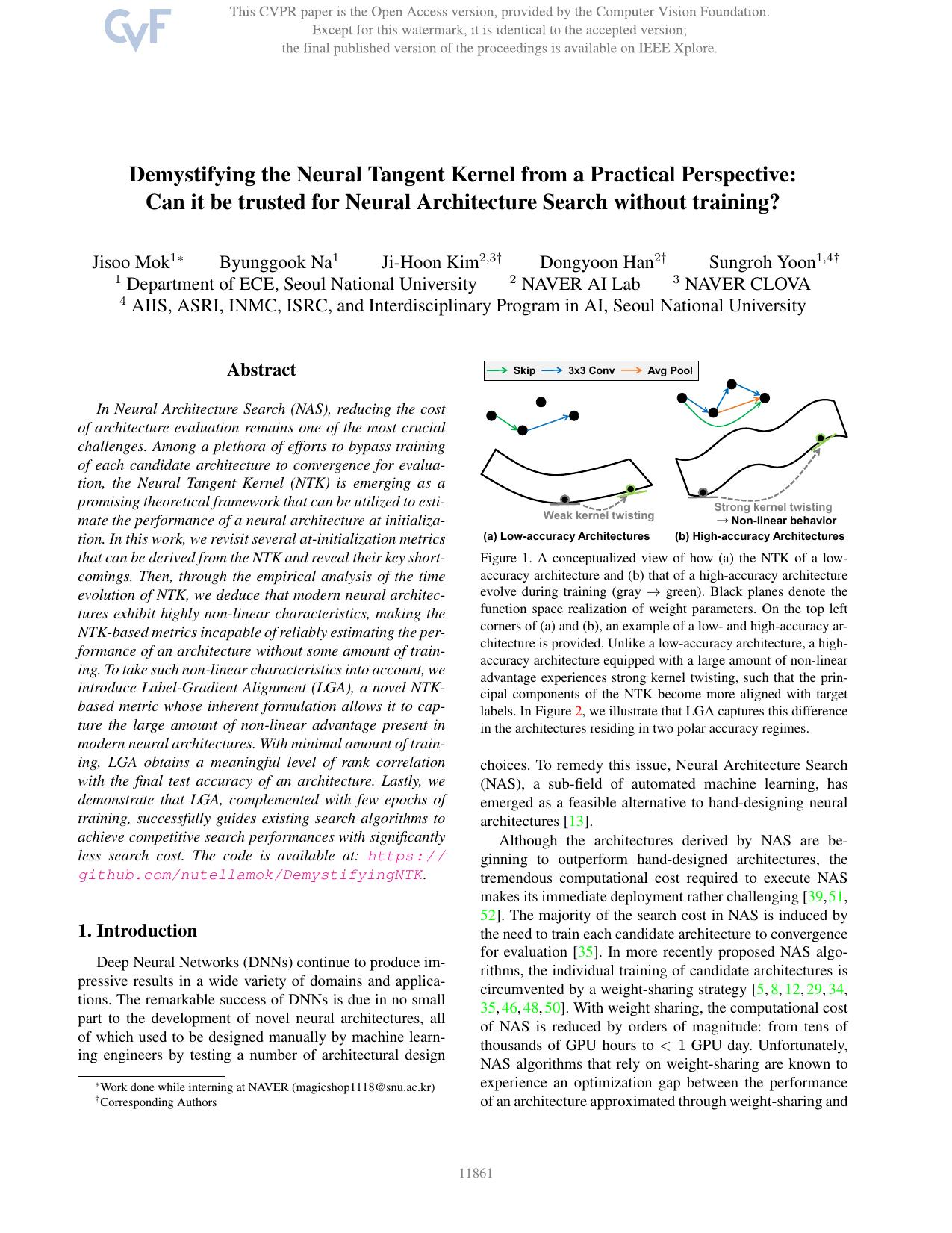 Demystifying the Neural Tangent Kernel From a Practical Perspective: Can It Be Trusted for Neural Architecture Search Without Training? by Jisoo Mok & Byunggook Na & Ji-Hoon Kim & Dongyoon Han & Sungroh Yoon